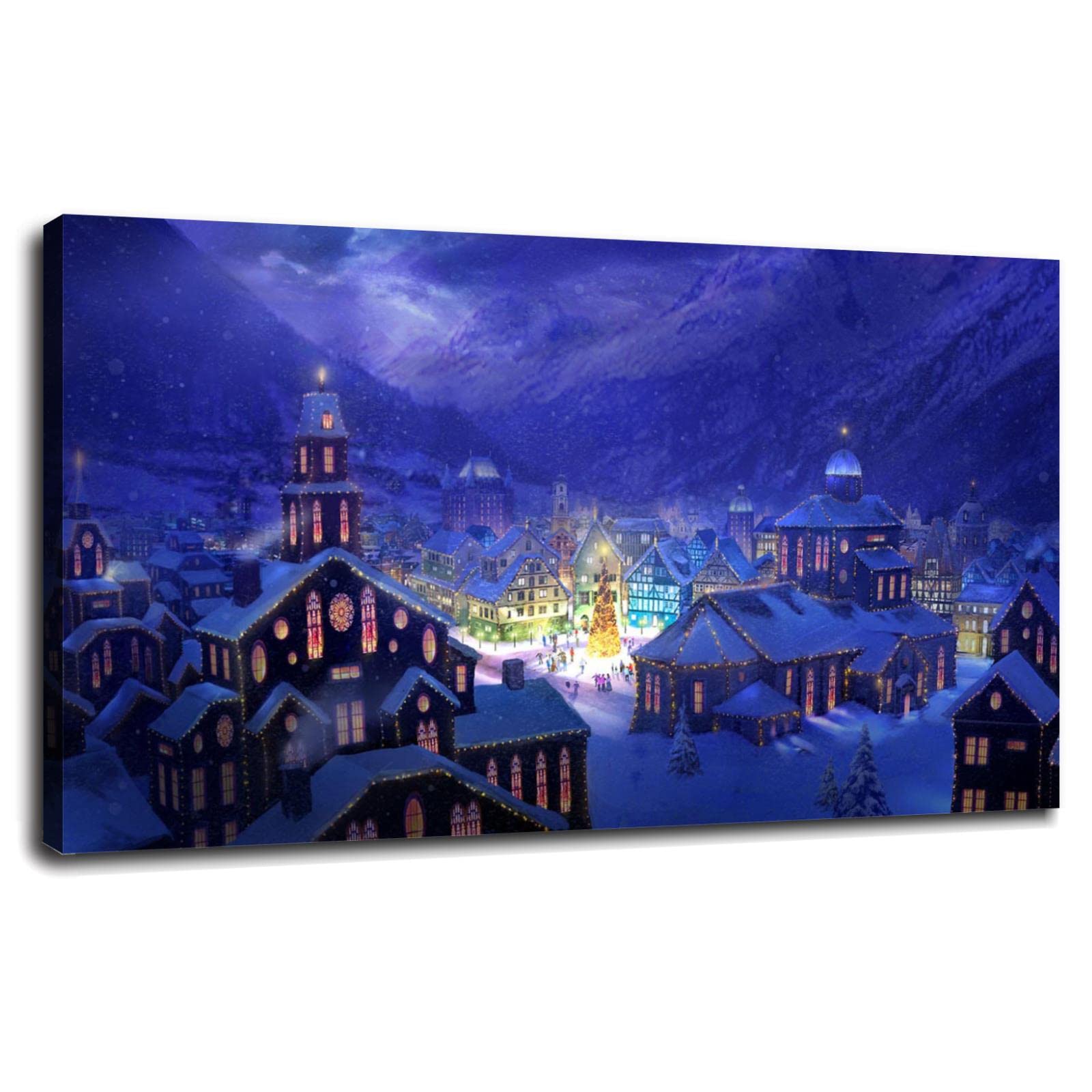 Christmas Village Snow Festive Canvas Wall Art - 42x24 Inch Framed Winter Holiday Poster for Home & Office Decor - Perfect for Living Room, Bedroom, or Holiday Party Decoration