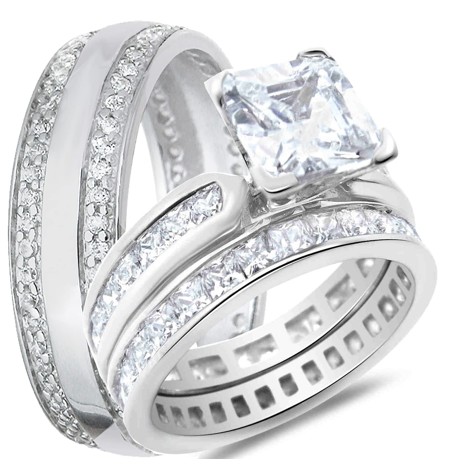 His & Hers TRIO Sterling Silver Wedding Ring Set - 3 Piece Matching Bands for Bride, Groom & Couples - Perfect for Anniversaries, Engagements & Romantic Occasions