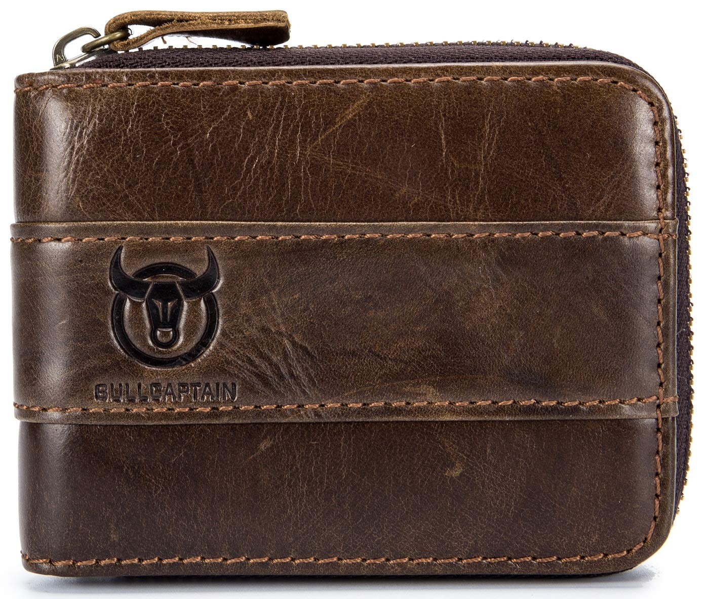 BULLCAPTAIN Genuine Leather Men's RFID Blocking Bifold Wallet with Zipper - Large Capacity Multi Card Holder & Coin Pocket (Brown) | Perfect for Everyday Use, Travel & Business