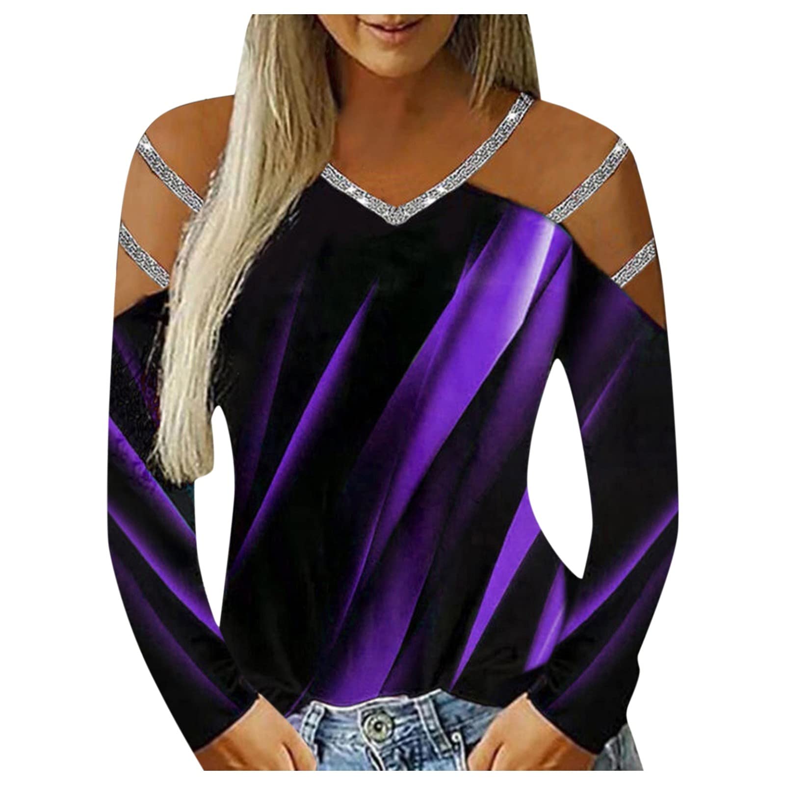 Women's Long Sleeve Cold Shoulder Tops - Criss Cross Hollow Out Round Neck Off Shoulder Tee Shirts for Casual Wear, Date Night & Party Outfits