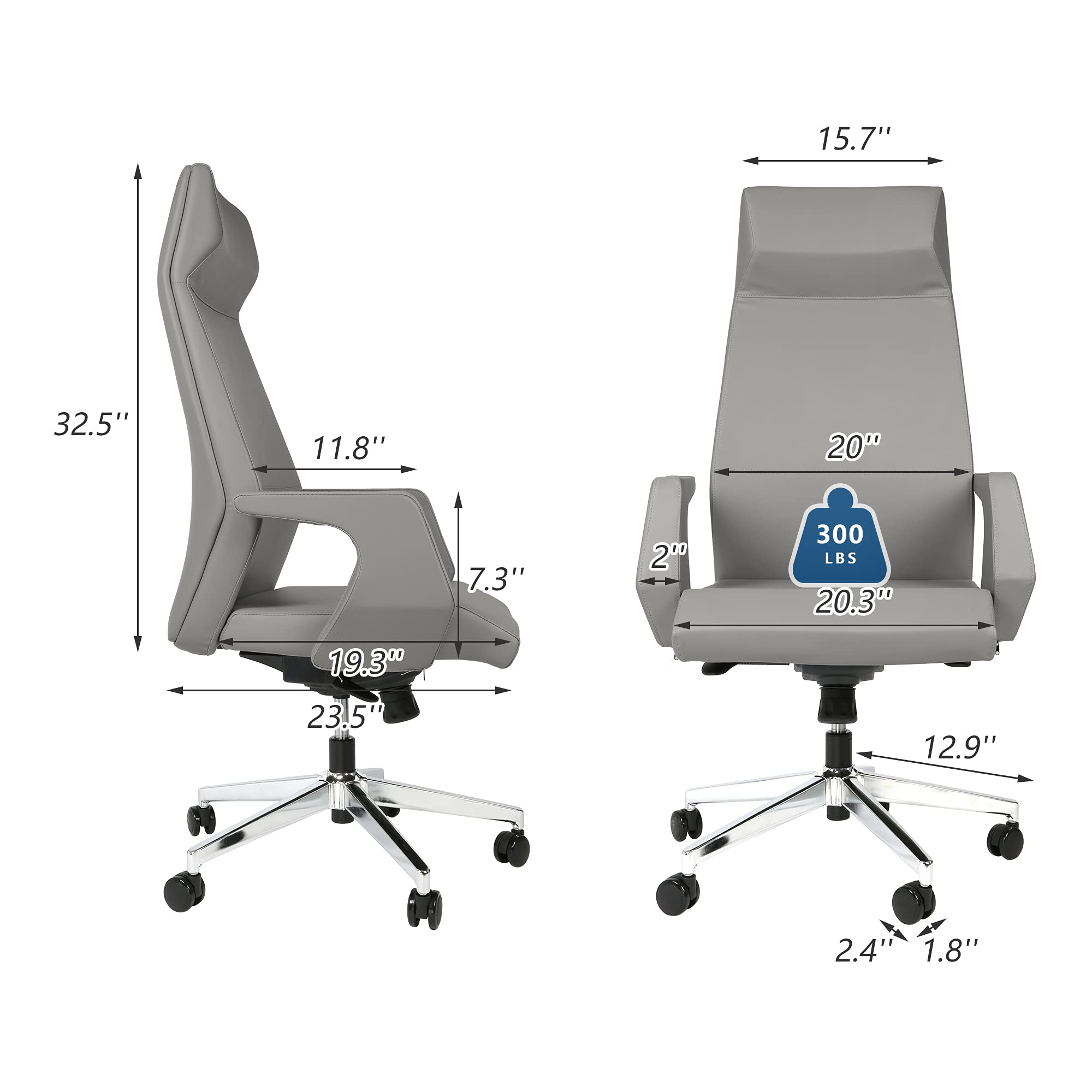 LUCKYERMORE Ergonomic High Back Office Chair - Adjustable Height Swivel PU Leather Desk Chair with Thick Cushion & Tilt Function, Easy Assembly, Grey - Perfect for Home Office, Gaming & Workspace Comfort