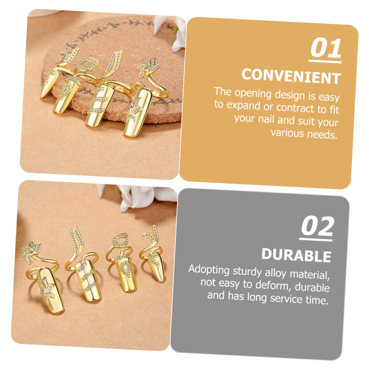 Minkissy Fashion Nail Rings - 4pcs Women's Metal Nail Jewelry Set, Lightweight Alloy Nail Decorations with Unique Design for Parties, Weddings & Special Occasions
