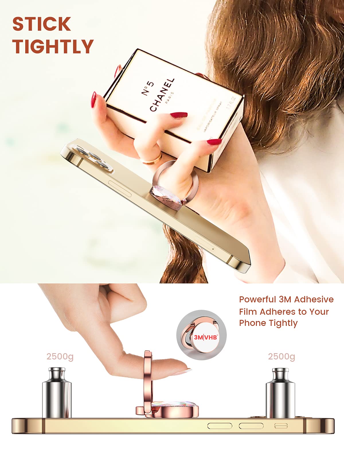 Rose Gold Crystal Phone Holder Ring - Adjustable Grip Stand for Smartphones - Perfect for Hands-Free Viewing, Gaming, and Selfies