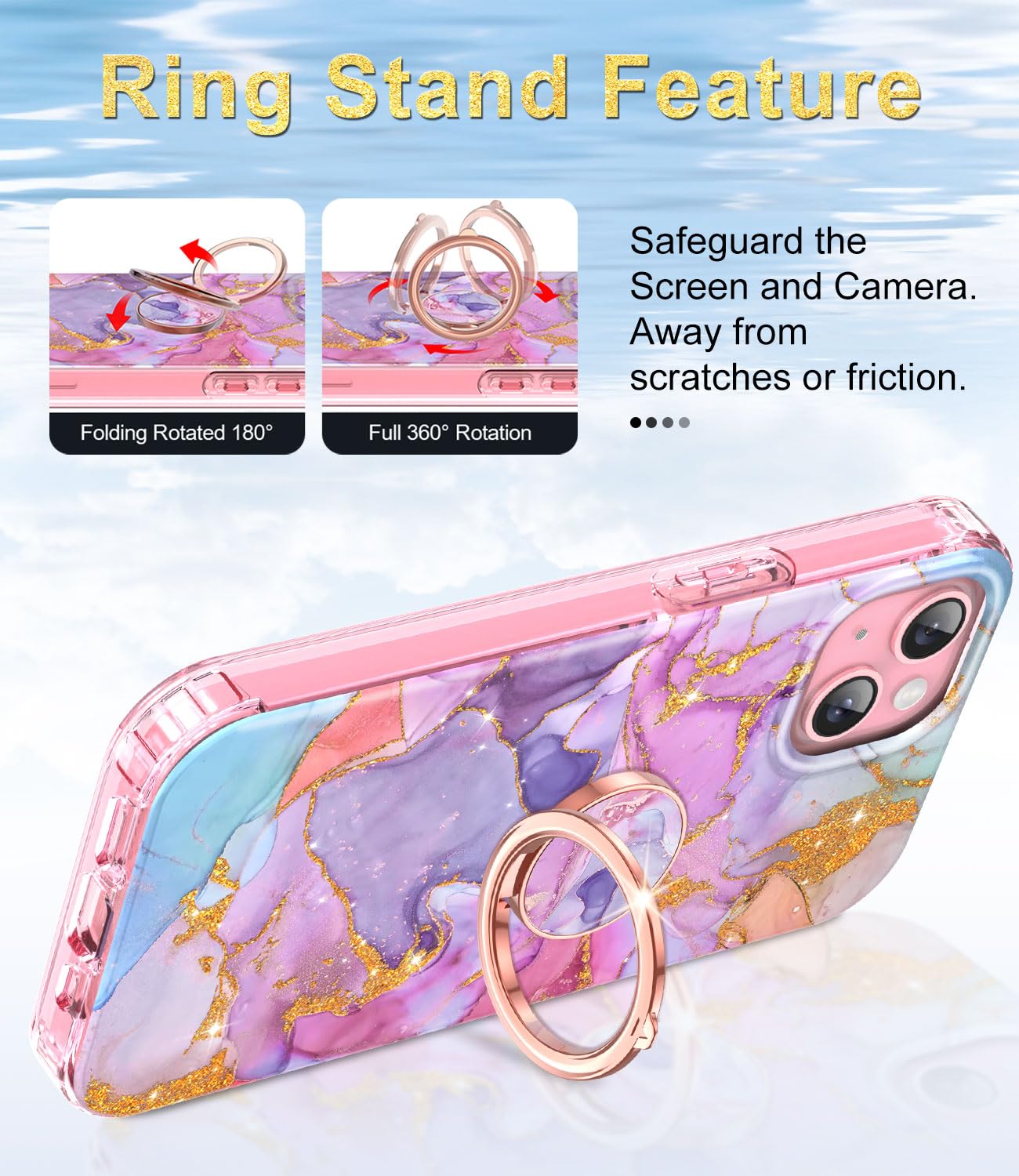 BTS Case for iPhone 15 Plus 6.7 Inch - Shockproof Rugged Protective Cover with Built-in Screen Protector & 360° Ring Holder Kickstand | Full Body Dual Layer Defense | Perfect for Outdoor Activities, Travel & Daily Use (Pink)