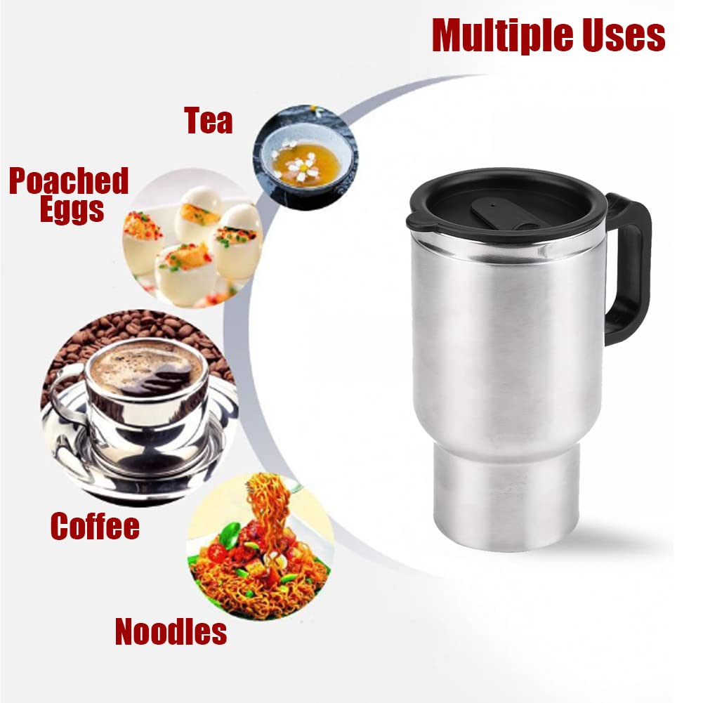 12V 450ml Electric Car Kettle - Stainless Steel Travel Heating Cup for Coffee & Tea - Portable Hot Water Kettle with Cigarette Lighter Plug - Perfect for Road Trips, Camping & Office Use