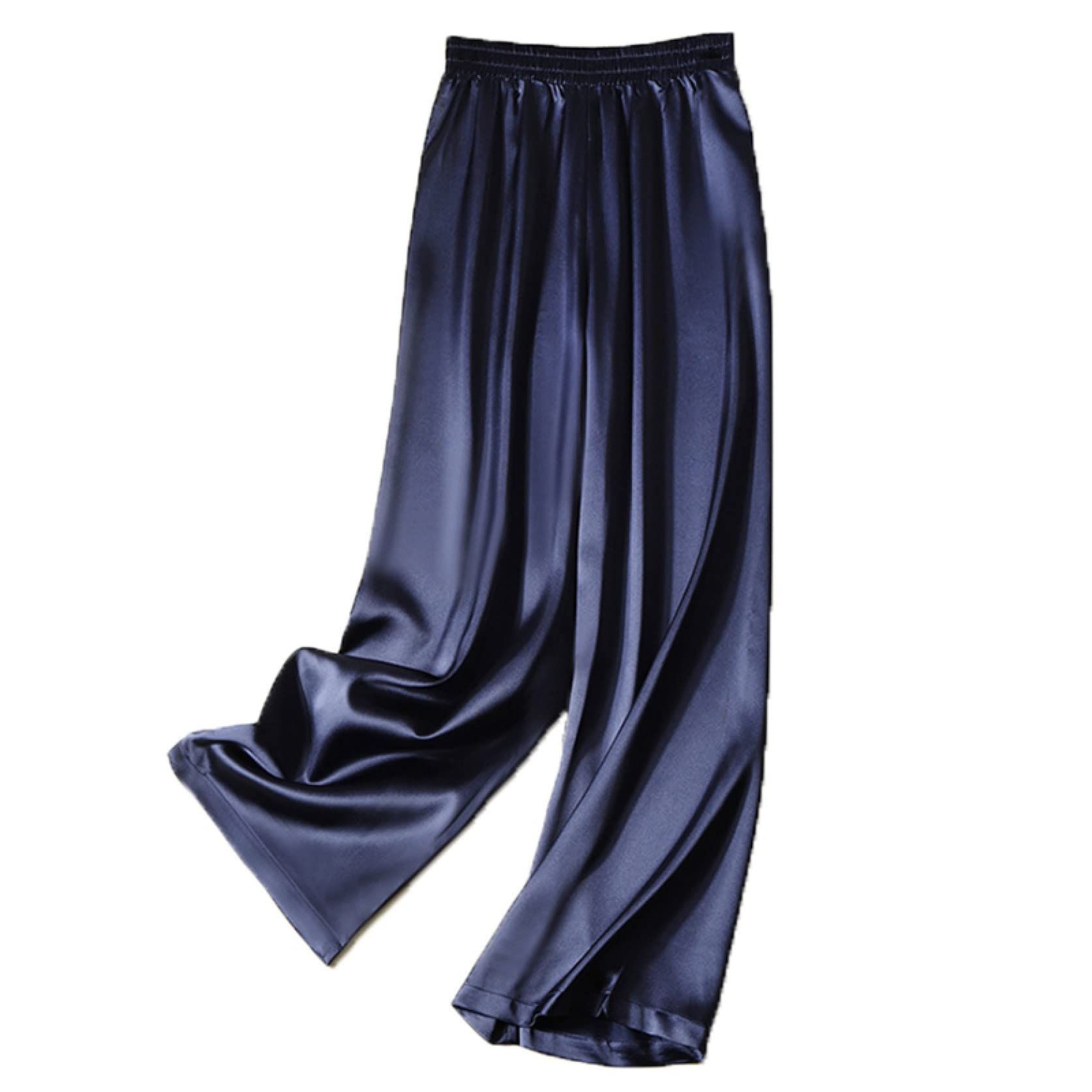 AOBRICON Women's Wide Leg Palazzo Pants - High Waist Summer Casual Trousers in Black Silk Satin Fabric - Loose Fit Comfortable Pants for Office, Beach & Vacation Wear