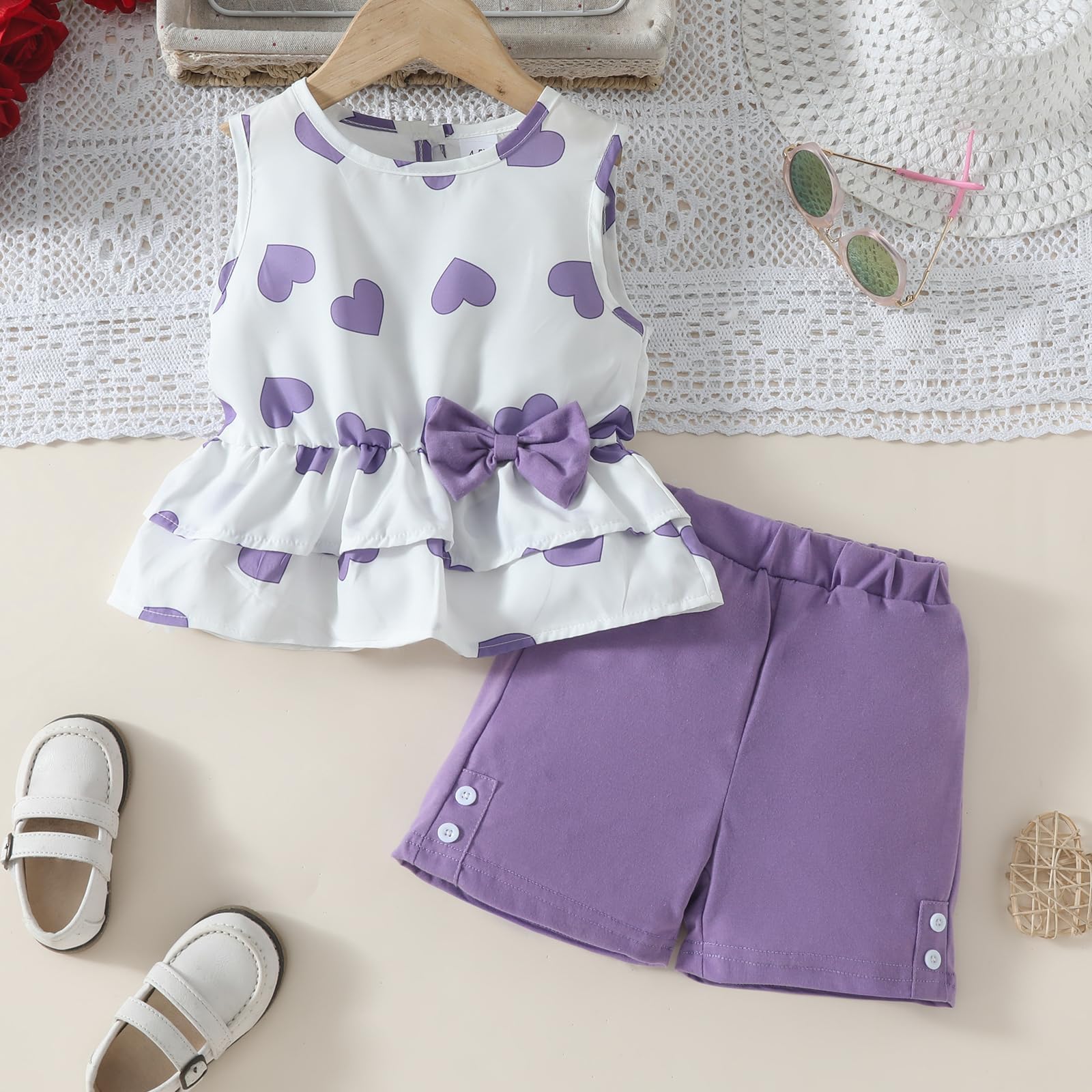 Girls' Heart Print Sleeveless Top & Shorts Set - Cute Summer Outfits for Toddler & Baby Girls - Perfect for Playdates, Beach Trips & Family Vacations