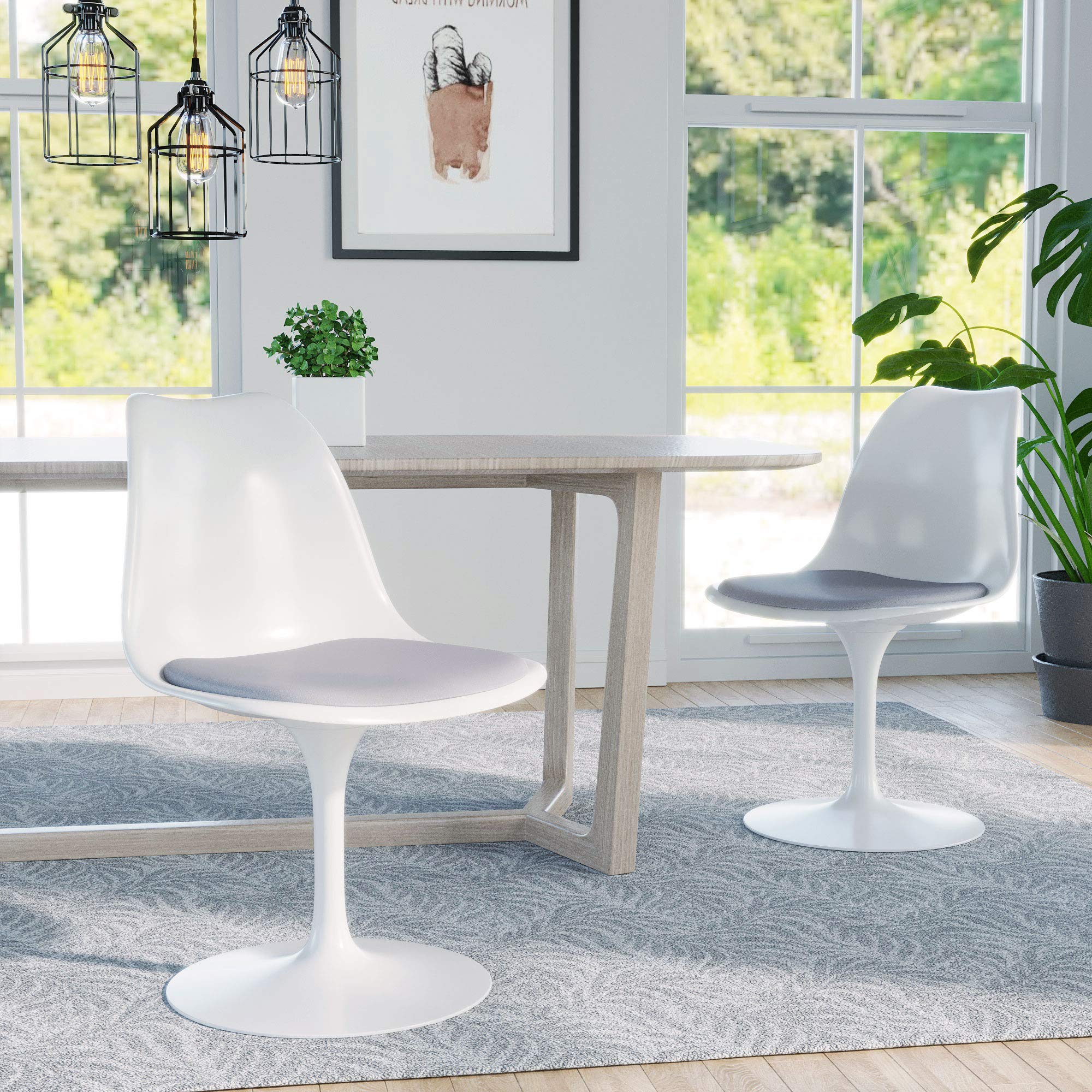 JAXPETY Swivel Tulip Side Chair with Cushioned Seat - Modern Kitchen Dining Room, Office & Bar Stool - White and Gray - Perfect for Small Spaces, Breakfast Nooks & Home Decor