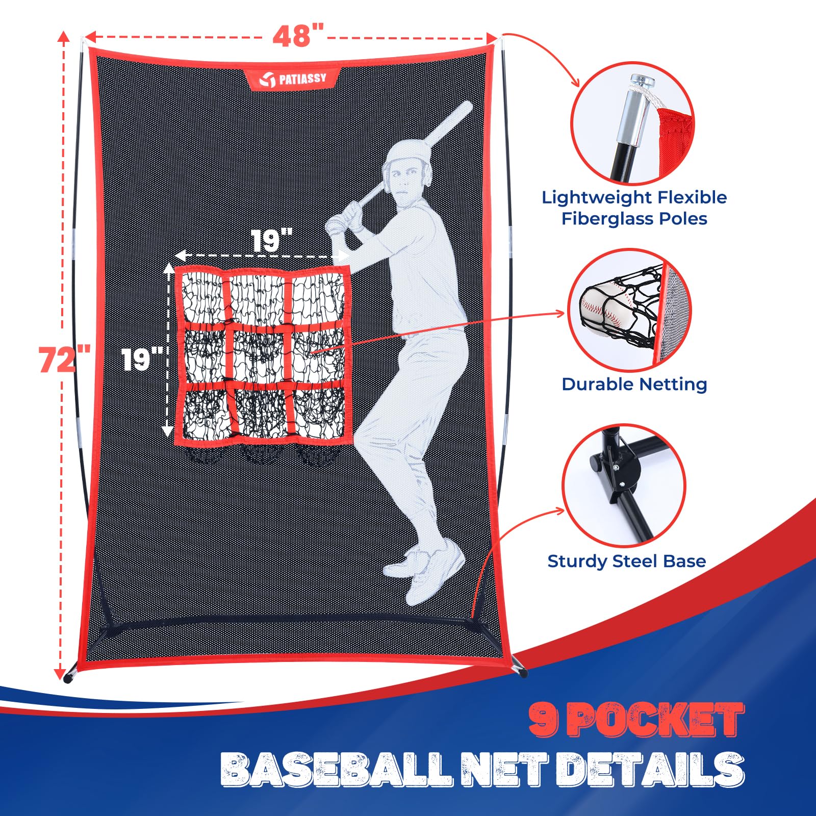Portable 9-Pocket Baseball & Softball Pitching Net with 2 Sandbags | Backyard Training Equipment | Includes Carry Bag & 2 Baseballs | Perfect for Youth Practice, Batting Drills & Fielding Training