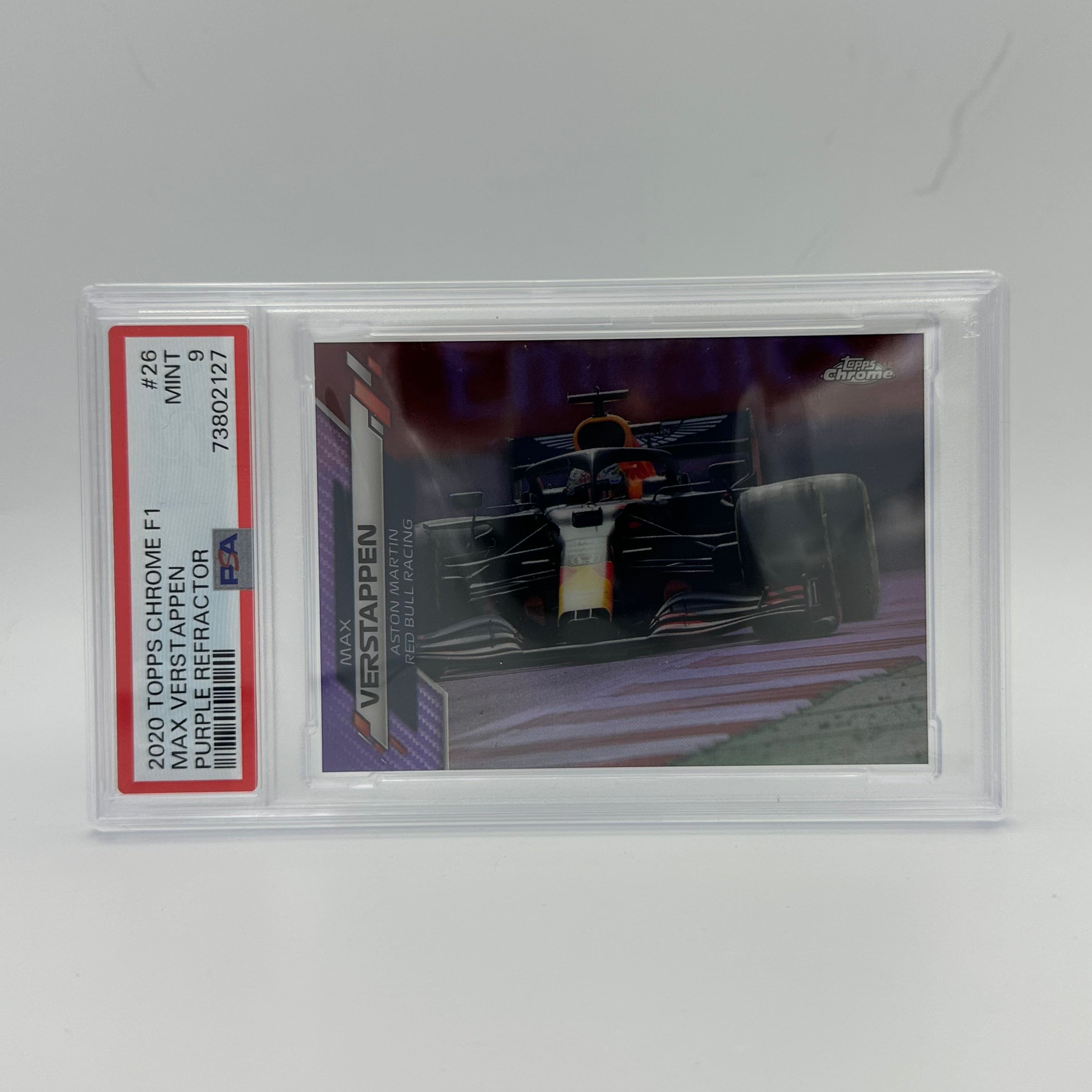 PSA 9 196/399 MAX VERSTAPPEN #26 Purple Refractor Rookie Card - 2021 Topps Chrome F1 Racing Collectible for Display & Investment