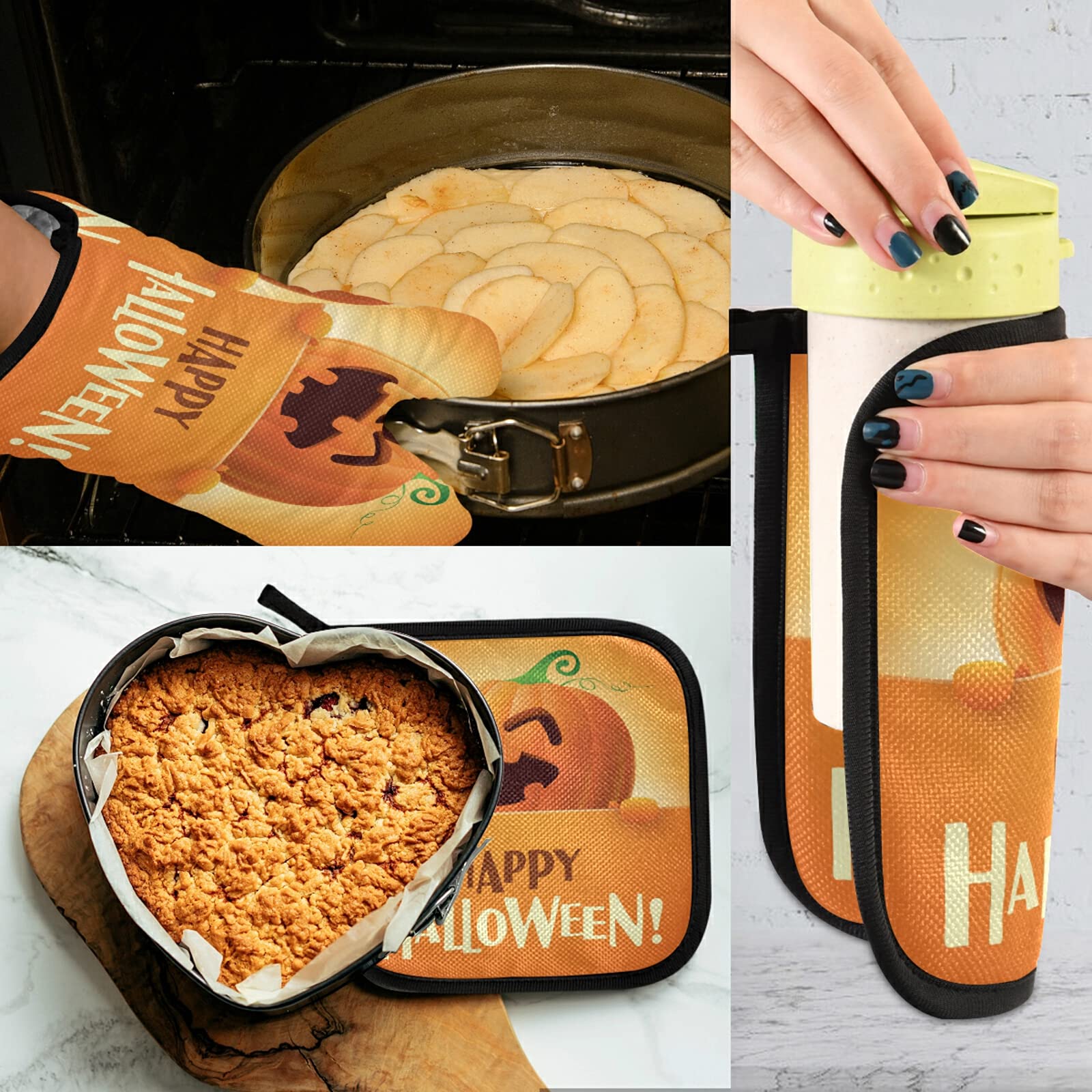 Halloween Oven Mitts & Pot Holders Set - 2-Piece Non-Slip Heat Resistant Kitchen Gloves with Pumpkin Design for Baking, Cooking, BBQ - Perfect Fall Decor & Thanksgiving Kitchen Accessories