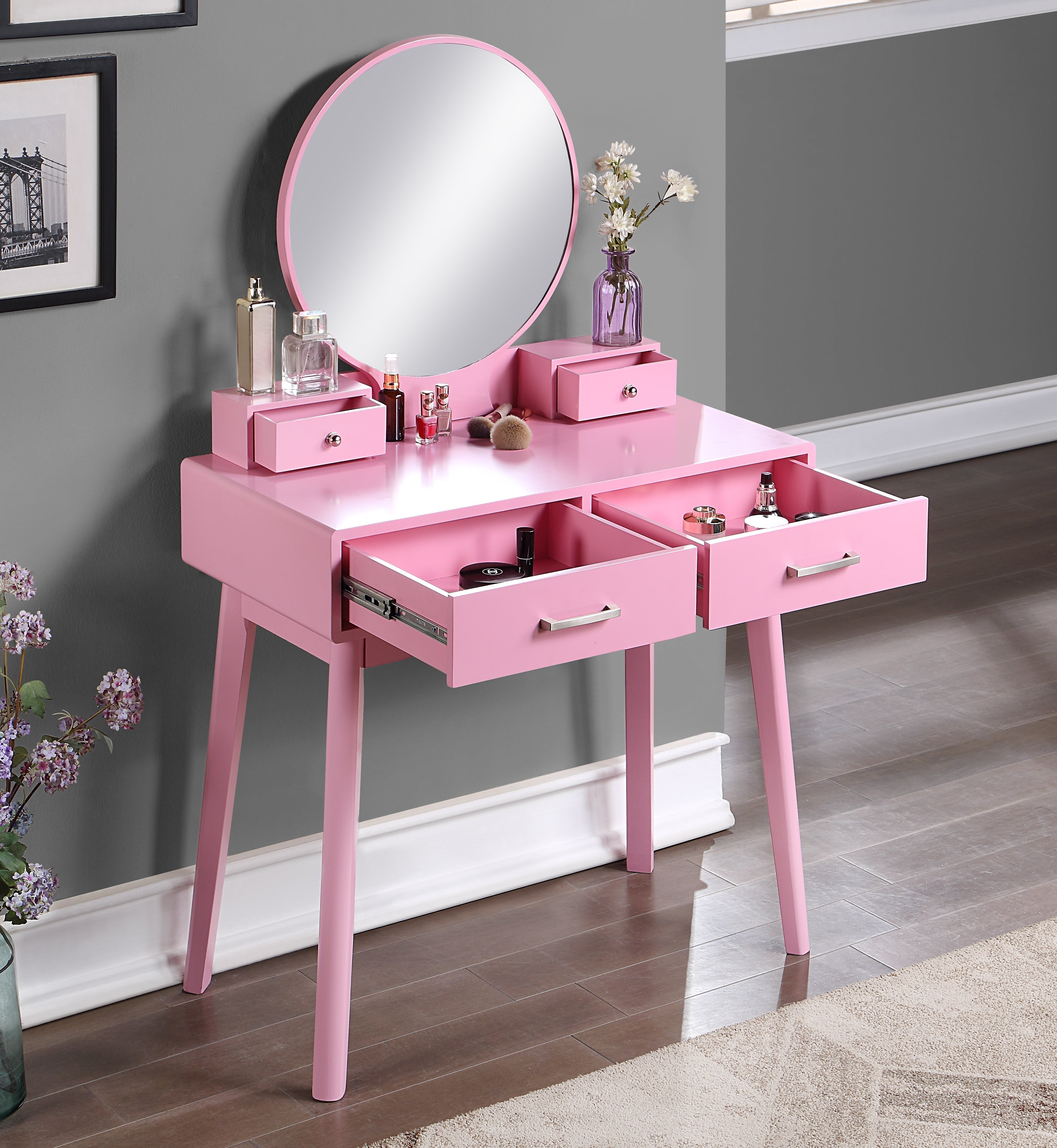 Roundhill Furniture Liannon Contemporary Wood Vanity Set with Stool - Modern Bathroom Vanity with Storage for Makeup & Jewelry Organization - Perfect for Bedroom, Bathroom or Dressing Room