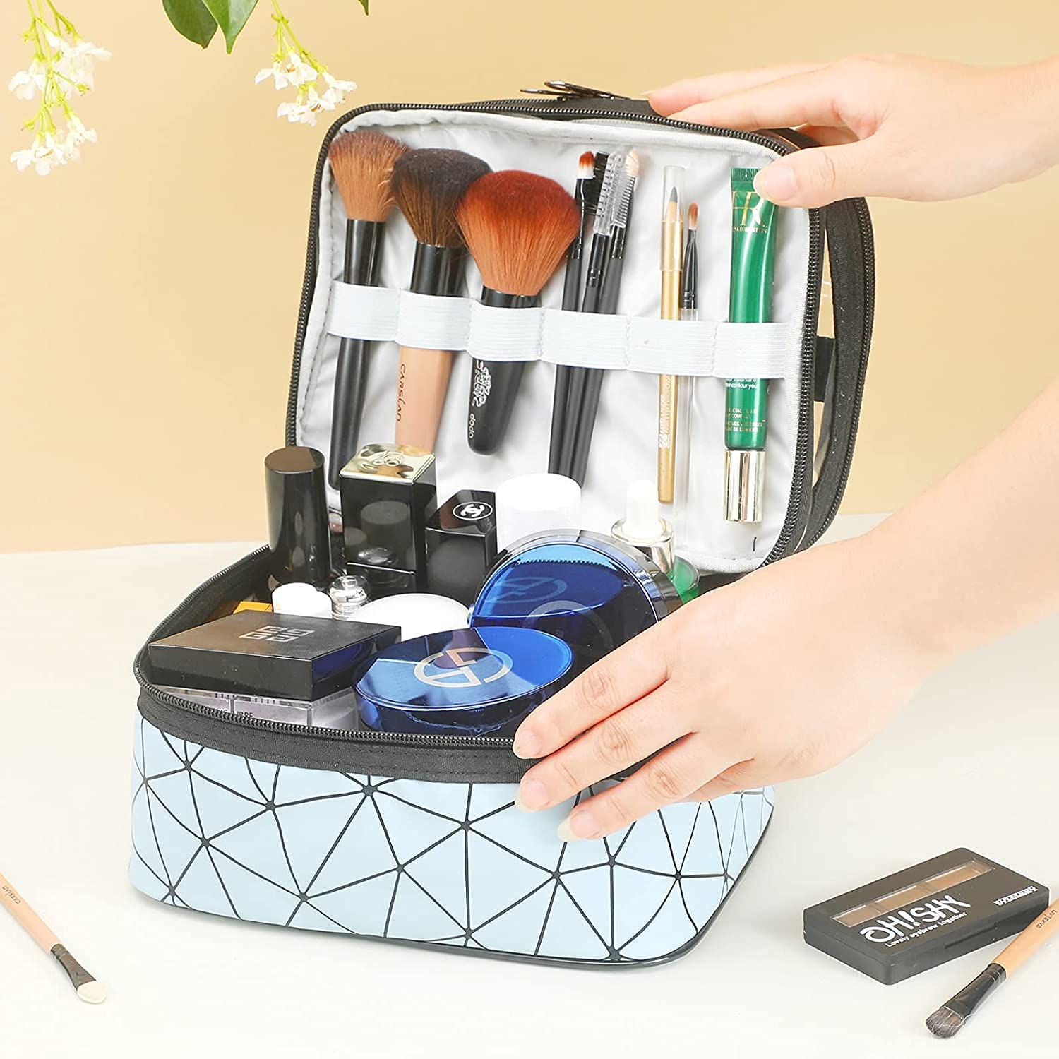FASTUNBOX Waterproof Makeup Toiletry Bag - Double Layer Cosmetic Organizer for Travel, Wedding & Gym - Unisex Polyester Storage Pouch (Multi Color) - Perfect for Makeup Artists, Brides & Travelers