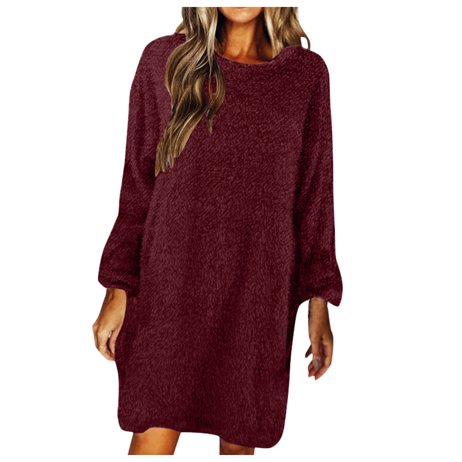 Women's Summer Casual Knit Tulle Sun Dress - Round Neck Long Sleeve Pullover Solid Color Dress for Beach, Vacation & Outdoor Activities