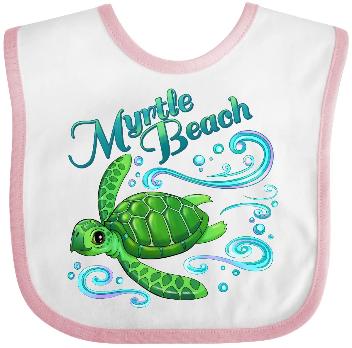 Inktastic Myrtle Beach Cute Sea Turtle with Waves and Bubbles Baby Bib - Soft Cotton Drool Bib for Newborns & Infants - Perfect for Beach Trips, Swimming Lessons & Summer Outfits