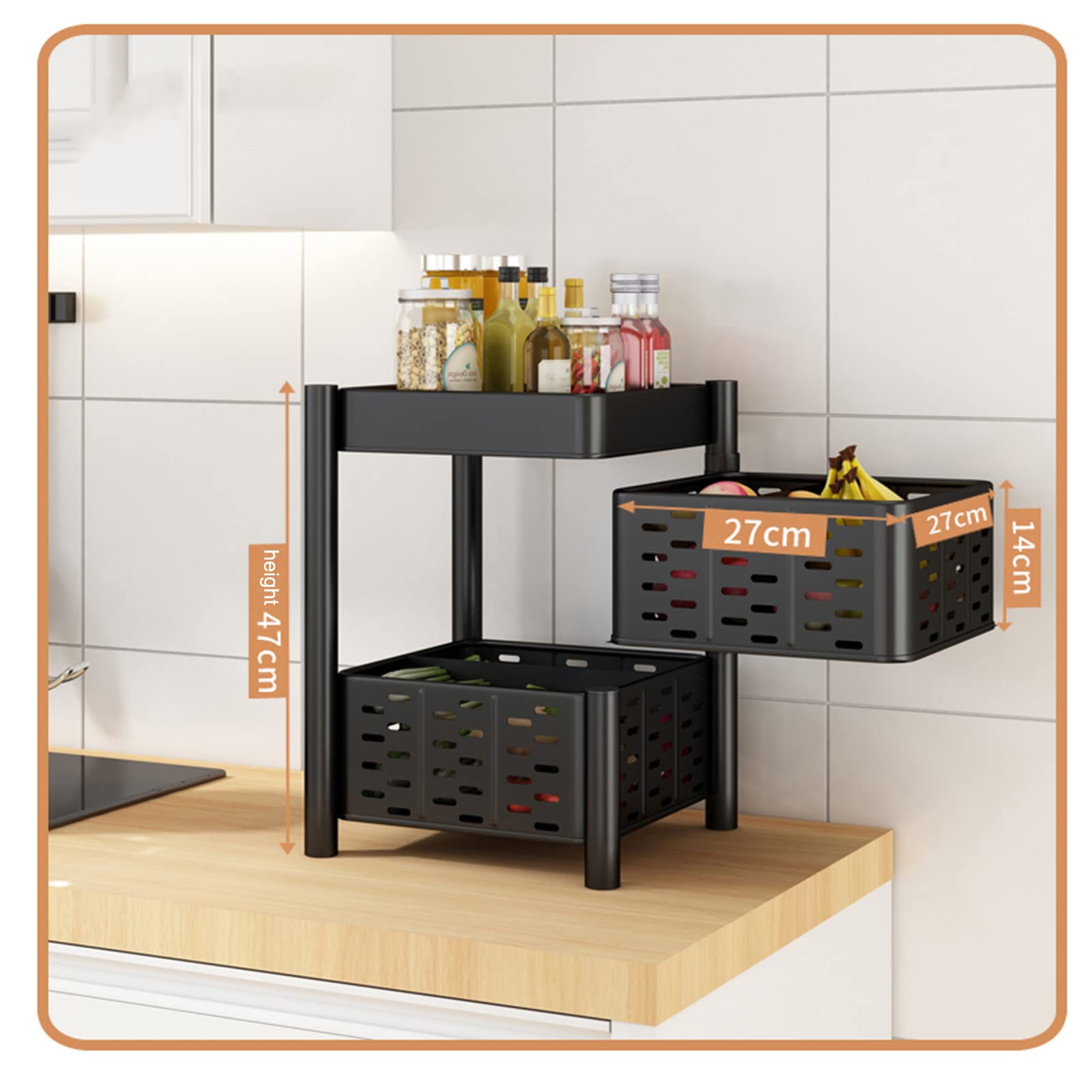 360° Rotating Kitchen Vegetable Shelf - 2-Tier Black Space-Saving Floor Storage Rack for Fruits & Vegetables | Perfect for Pantry Organization & Small Kitchen Spaces