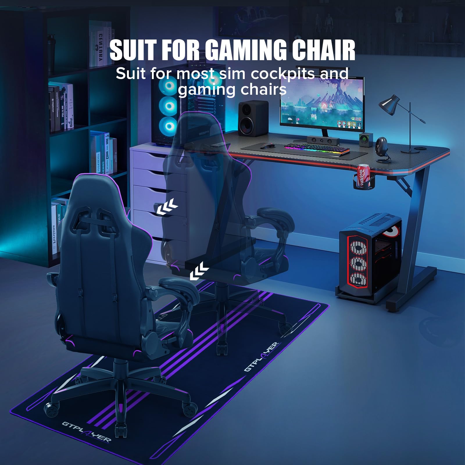 GTPLAYER Gaming Floor Mat for Sim Racing Cockpits - Non-Slip, Easy Clean Racing Mat (56.3x28 Inches, Purple) | Perfect for Gaming Chairs, Racing Setups & Home Office Use