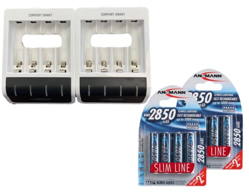 Ansmann Comfort Smart Charger Bundle with 8 AA 2850 Slimline Rechargeable Batteries - Fast Charging for 1-8 AA/AAA Batteries | Perfect for Cameras, Game Controllers & Smart Home Devices