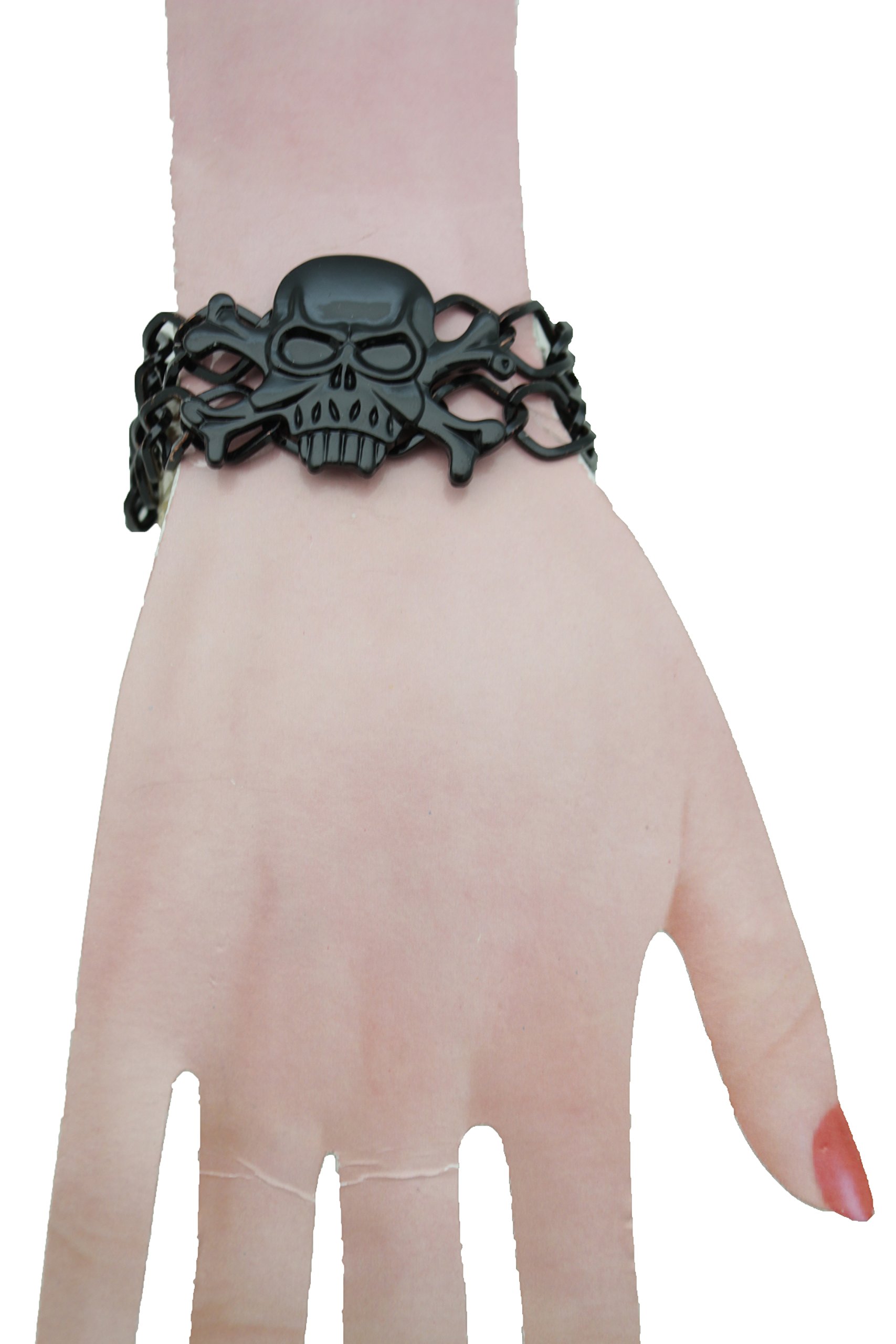 TFJ Women's Black Metal Chain Bracelet with Skeleton Skull & Pirate Bones Charms - Gothic Fashion Jewelry for Casual Wear, Halloween & Punk Outfits