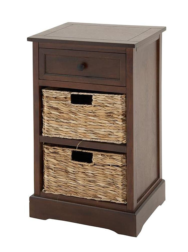 Urban Designs 7767169 Malibu 3-Drawer Nightstand with Wicker Baskets - Medium Coffee Finish - Bedside Table for Bedroom, Living Room, or Guest Room Storage
