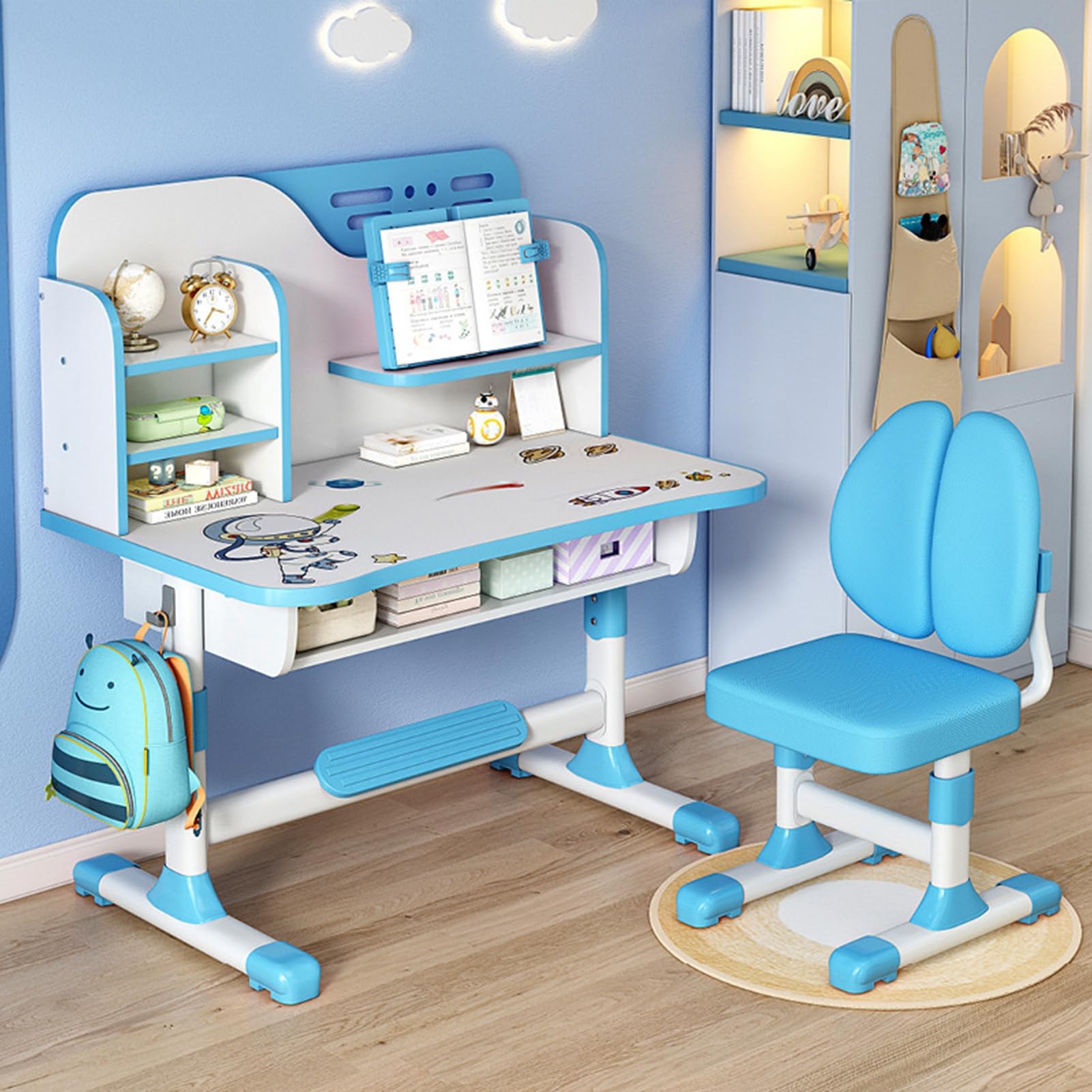 Premium Adjustable Kids Study Desk and Chair Set with Astronaut Design - Ergonomic Children's School Furniture with Writing Board, Bookshelf & Drawer - Perfect for Homework, Reading & Creative Activities (Blue)