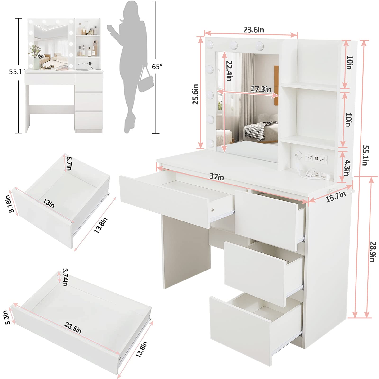 Vabches 37-inch Makeup Vanity with LED Lights & Power Strip - White Vanity Desk with 4 Drawers, Lighted Mirror & 3 Color Modes - Perfect for Bedroom, Dressing Room & Beauty Salon