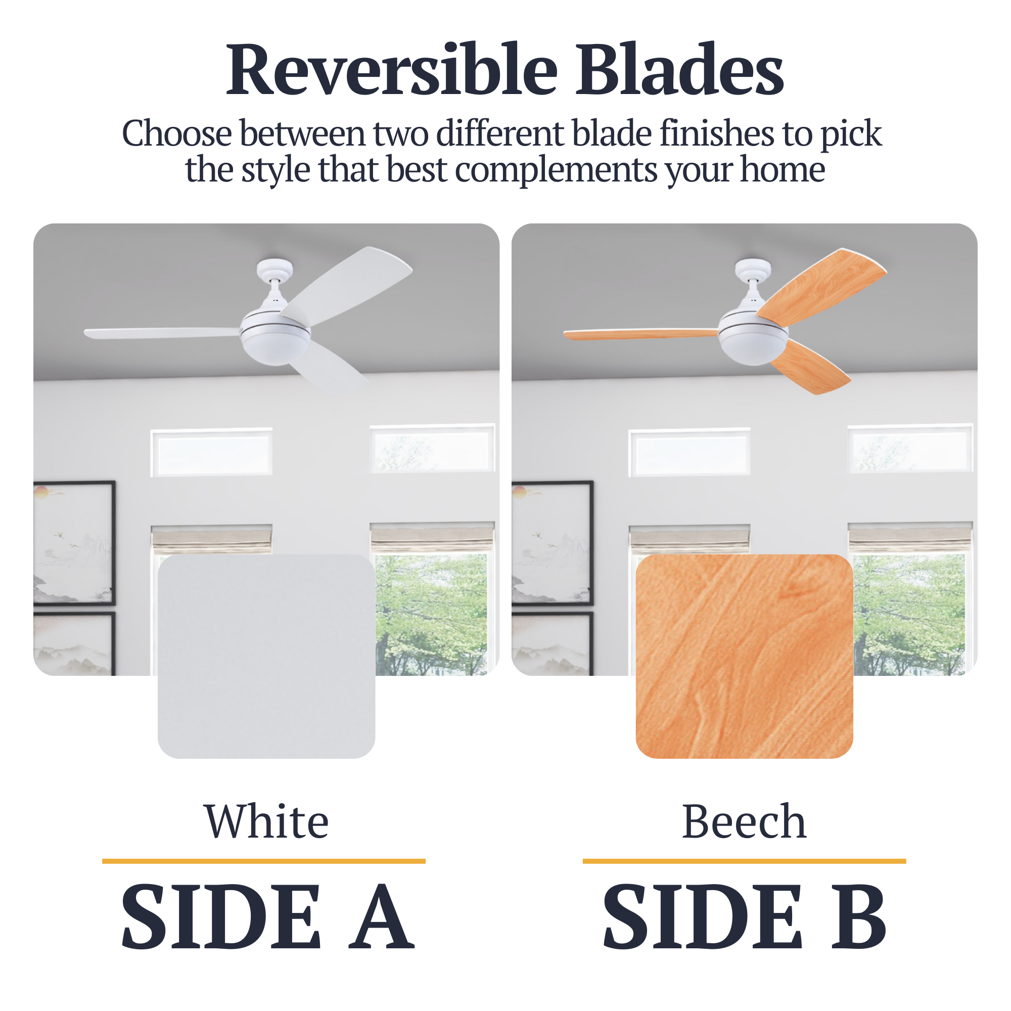 52 Inch White Calico Ceiling Fan with Remote Control - Perfect for Living Room, Bedroom, and Office Spaces
