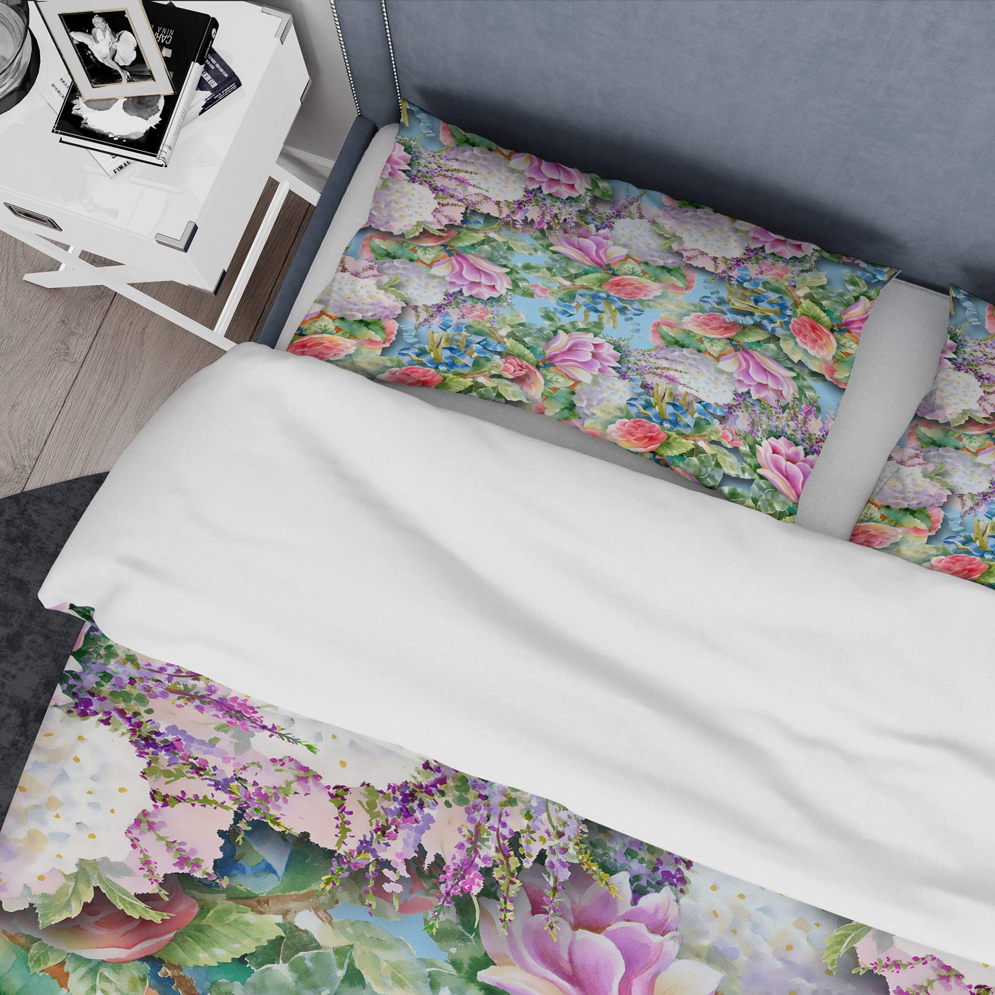 Blue Floral Duvet Cover Set King - Nautical Coastal Bedding for All Seasons