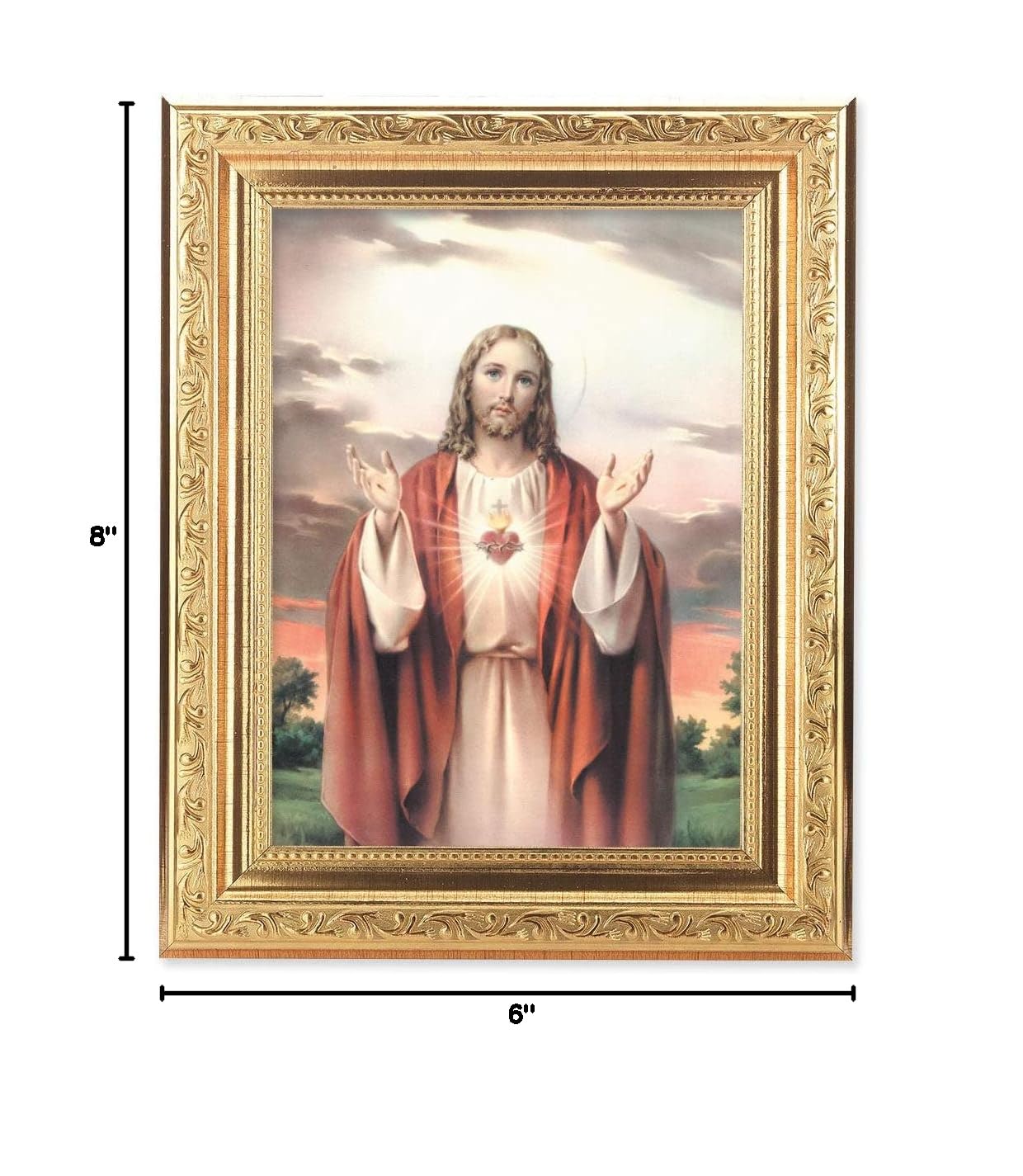 Sacred Heart of Jesus Framed Wall Art - Gold Leaf Antique Finish with Acanthus Leaf Detail - Religious Home Decor for Living Room, Bedroom & Church