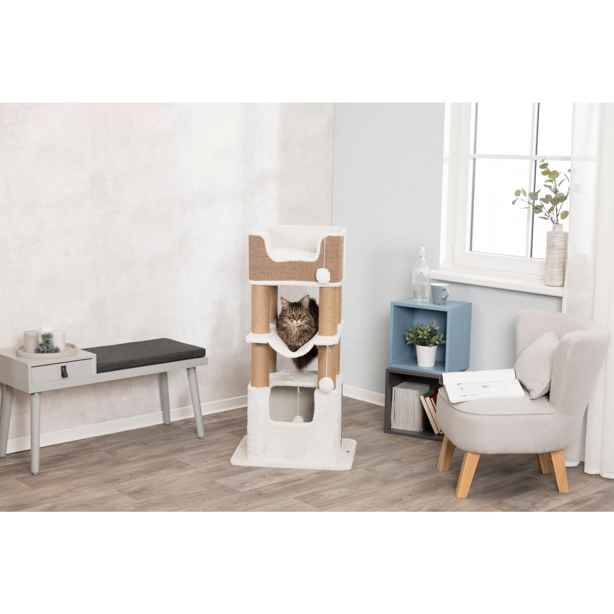 TRIXIE Lucano XXL 43-inch Cat Tower with Sisal Scratching Posts, Plush Condo, Cushions & Dangling Toys - Brown | Large Cat Tree for Indoor Cats, Multi-Level Play & Resting Space for Kittens & Adult Cats