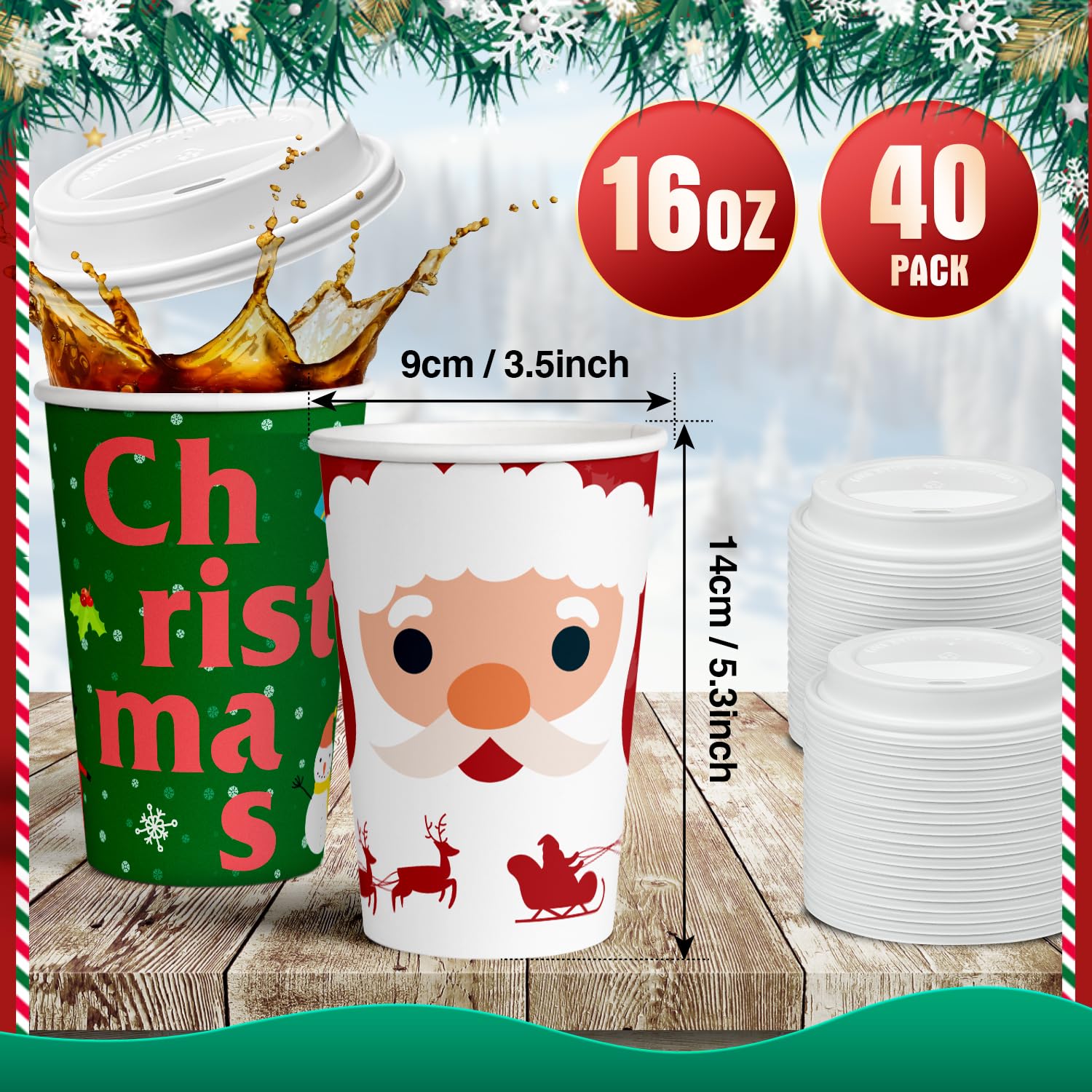 16 oz Disposable Christmas Tree Paper Cups with Lids - 40 Pack of Holiday Coffee Cups for Hot Cocoa, Chocolate & Drinks | Xmas Party Decorations, Navidad Supplies, Office & Home Celebrations