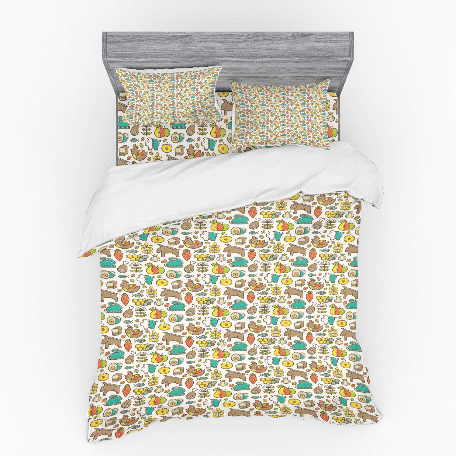 Ambesonne Colorful 3-Piece Duvet Cover Set with Sham & Fitted Sheet - Queen Size Animal Print Bedding Featuring Chicken, Horse, Apple, Bread, Cereals & Fish Design - Vibrant Multicolor for Kids' Room, Guest Bedroom or Dorm Decor