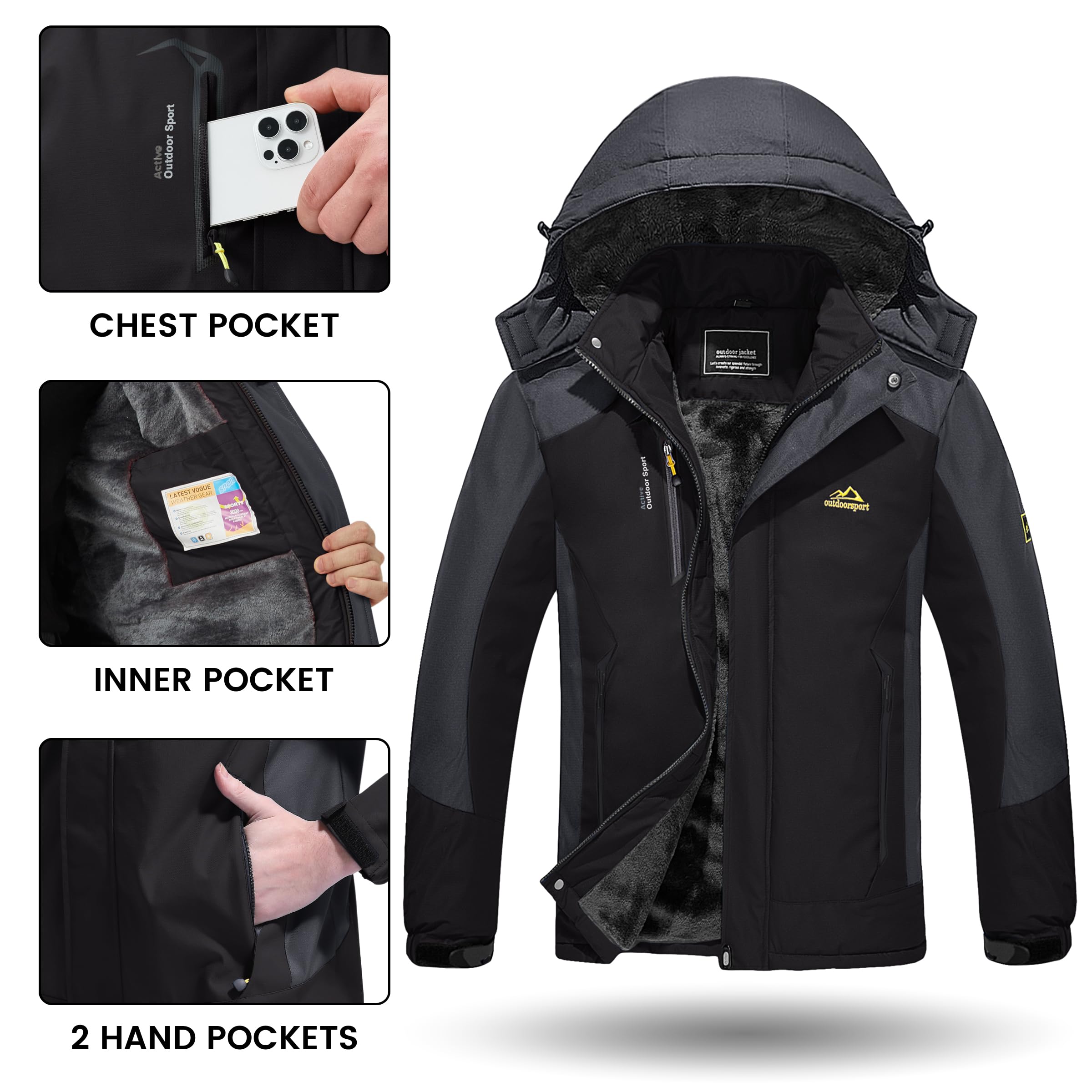 TACVASEN Men's Water-Resistant Fleece Winter Jacket - Military Tactical Snow Ski Coat with Hood for Outdoor Hiking, Camping & Cold Weather Protection