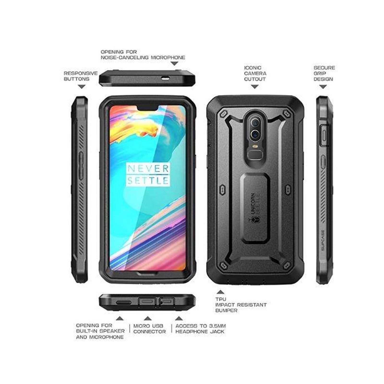 OnePlus 6 Unicorn Beetle Pro Rugged Holster Case - Heavy Duty Protective Cover with Built-in Screen Protector & Kickstand (Black) - Perfect for Outdoor, Work, and Extreme Sports Protection