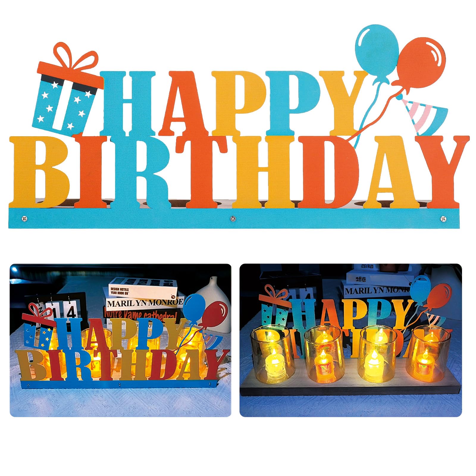 Happy Birthday Candle Holder Set - Tealight Votive Candle Holders with Metal Sign & Wooden Base Tray - Elegant Table Decor for Birthday Parties, Home Decor, Indoor Shelves - Perfect for Celebrations, Dinner Parties & Gift Giving