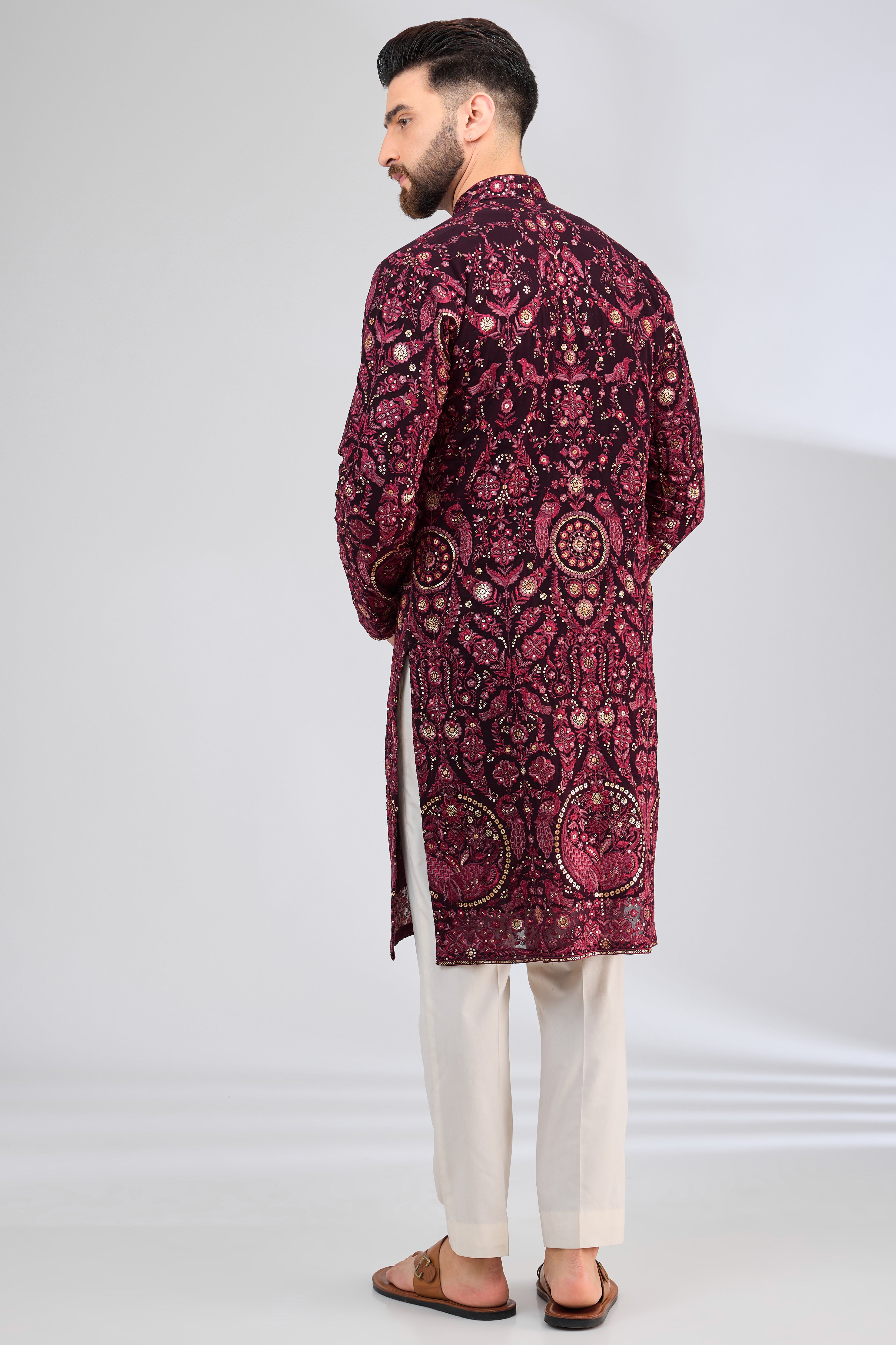 Exquisite Maroon Embroidered Kurta with Intricate Floral & Fauna Designs - Perfect for Festivals, Weddings & Special Occasions