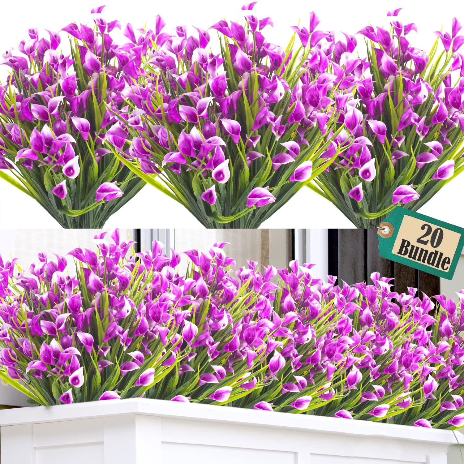 20 Bundles Artificial Calla Lily Flowers - Purple Silk Fake Plants for Outdoor Garden Decor, Wedding Centerpieces, Home & Office Decoration