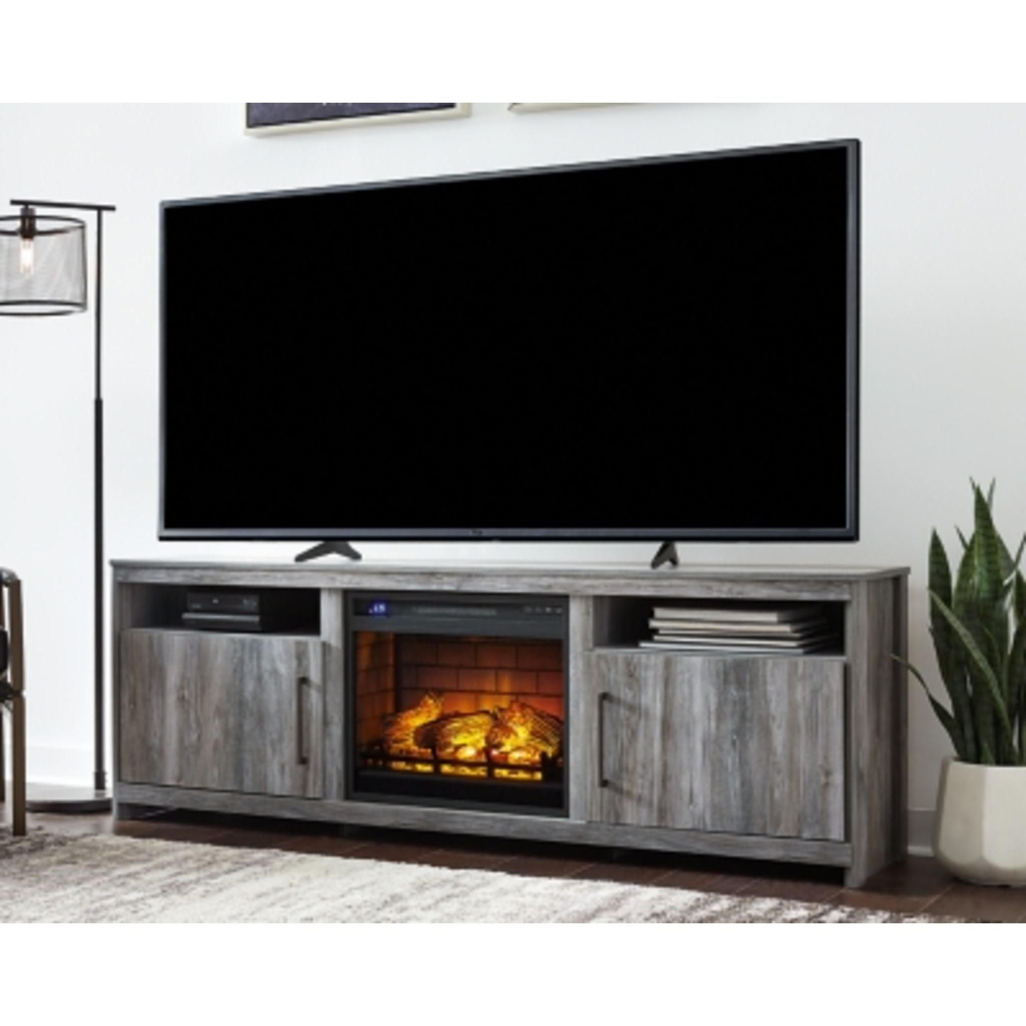 Baystorm TV Stand with Fireplace - Modern Gray Entertainment Center for Living Room, Bedroom & Home Theater - Perfect for Mounting Flat Screen TVs & Enhancing Home Decor