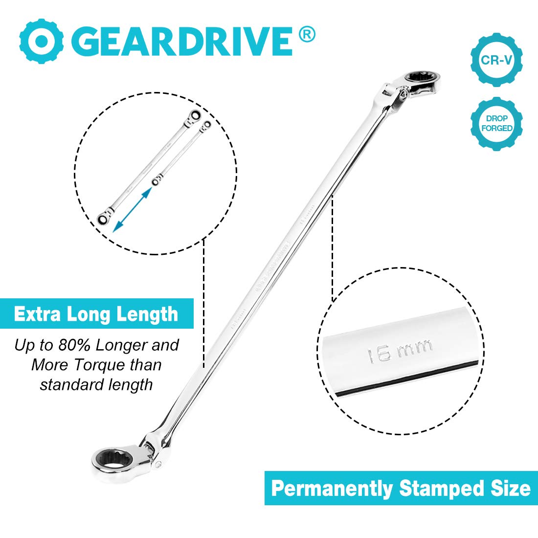 Extra Long Flex-Head Double Box End Ratcheting Wrench Set - 6-Piece Metric (8-19mm) - Chrome Vanadium Steel with Organizer Pouch - Ideal for Automotive Repair, Machinery Maintenance & Tight Spaces