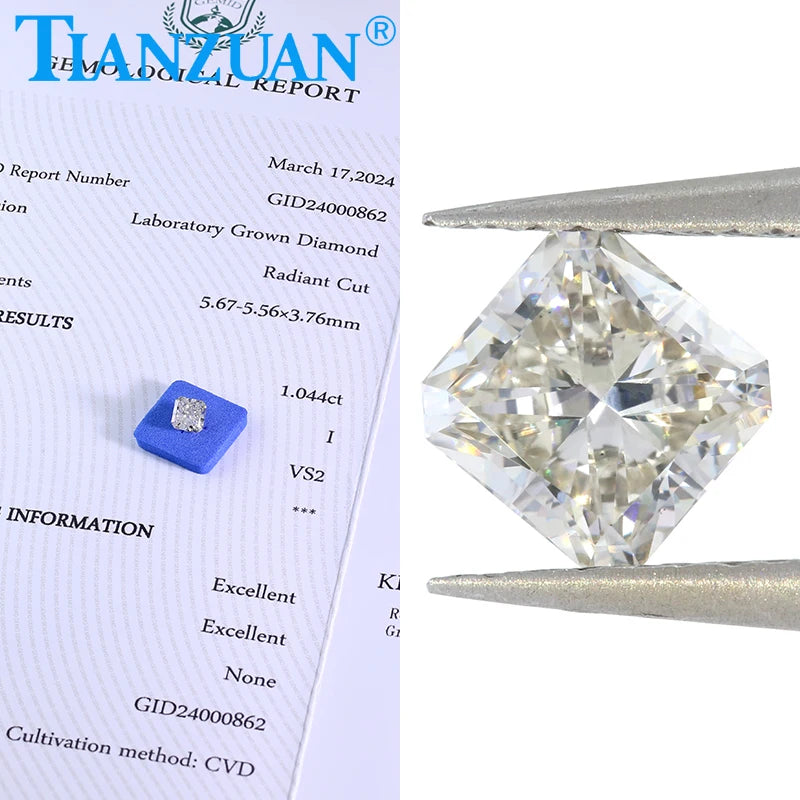 Radiant Cut Lab-Grown CVD Diamond - I/K Color VS2/SI1 Clarity, 2EX Cut, GEMID Certified Loose Gemstone Bead for Engagement Rings & Fine Jewelry Making