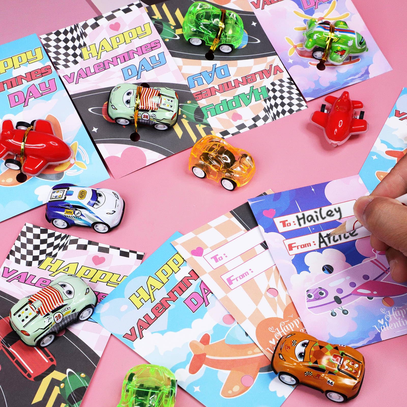 AMENON 28 Pack Valentine's Day Gifts for Kids - Valentine Cards with Pull Back Toy Cars - Classroom Party Favors, School Exchange Gifts & Birthday Goodie Bags