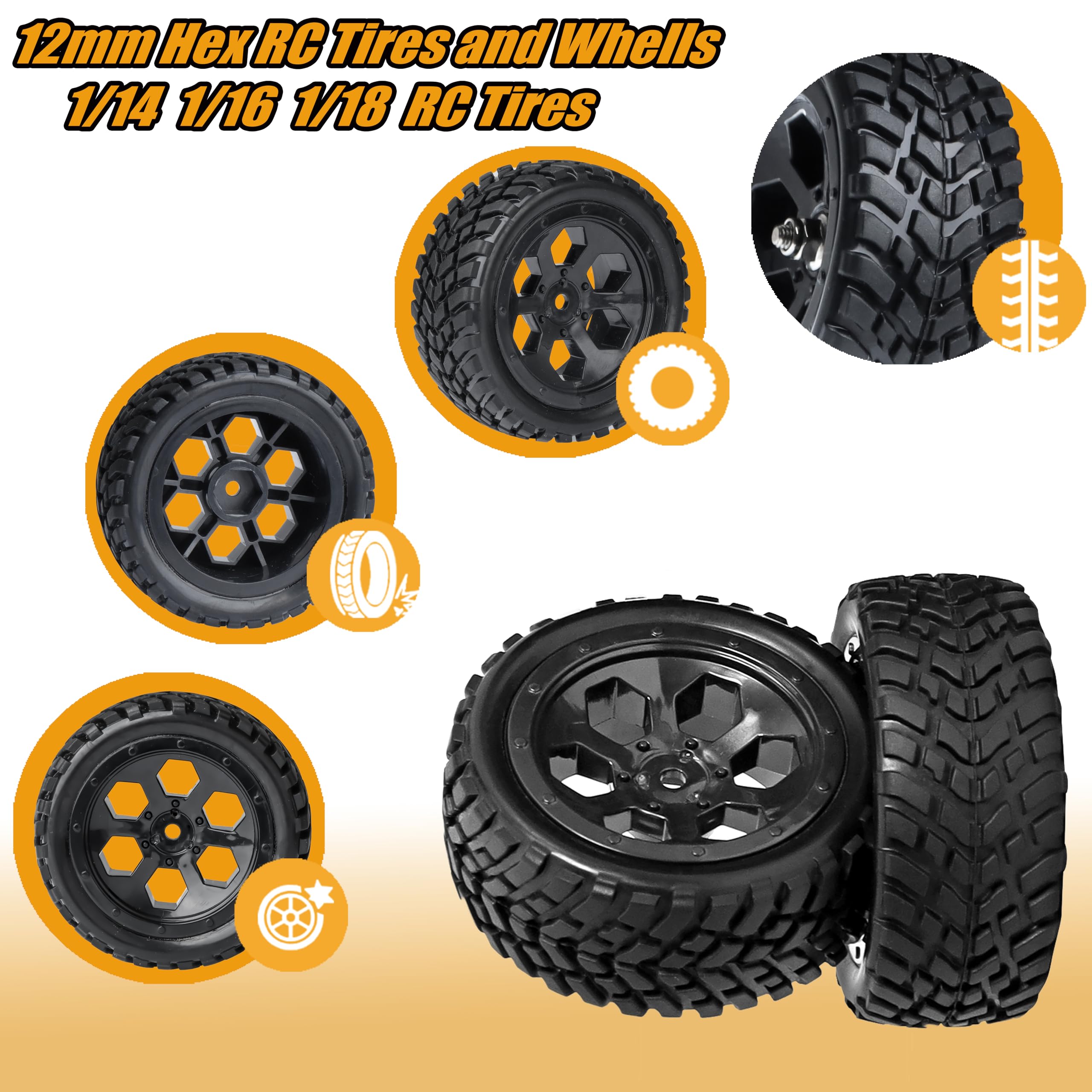 12mm Hex RC Wheels & Tires for Hyper Go H16BM/H14BM - 1/14 & 1/16 Scale Pre-Glued Off-Road Tires with Foam Inserts - Compatible with Traxxas, WLtoys 144001 & 1/18 RC Cars - Perfect for Street Racing & Off-Road Bashing