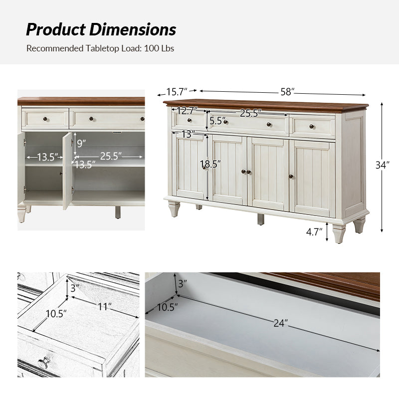 Raphael 58-Inch Wide 3-Drawer Sideboard Buffet Cabinet - Perfect for Dining Room Storage & Living Room Organization