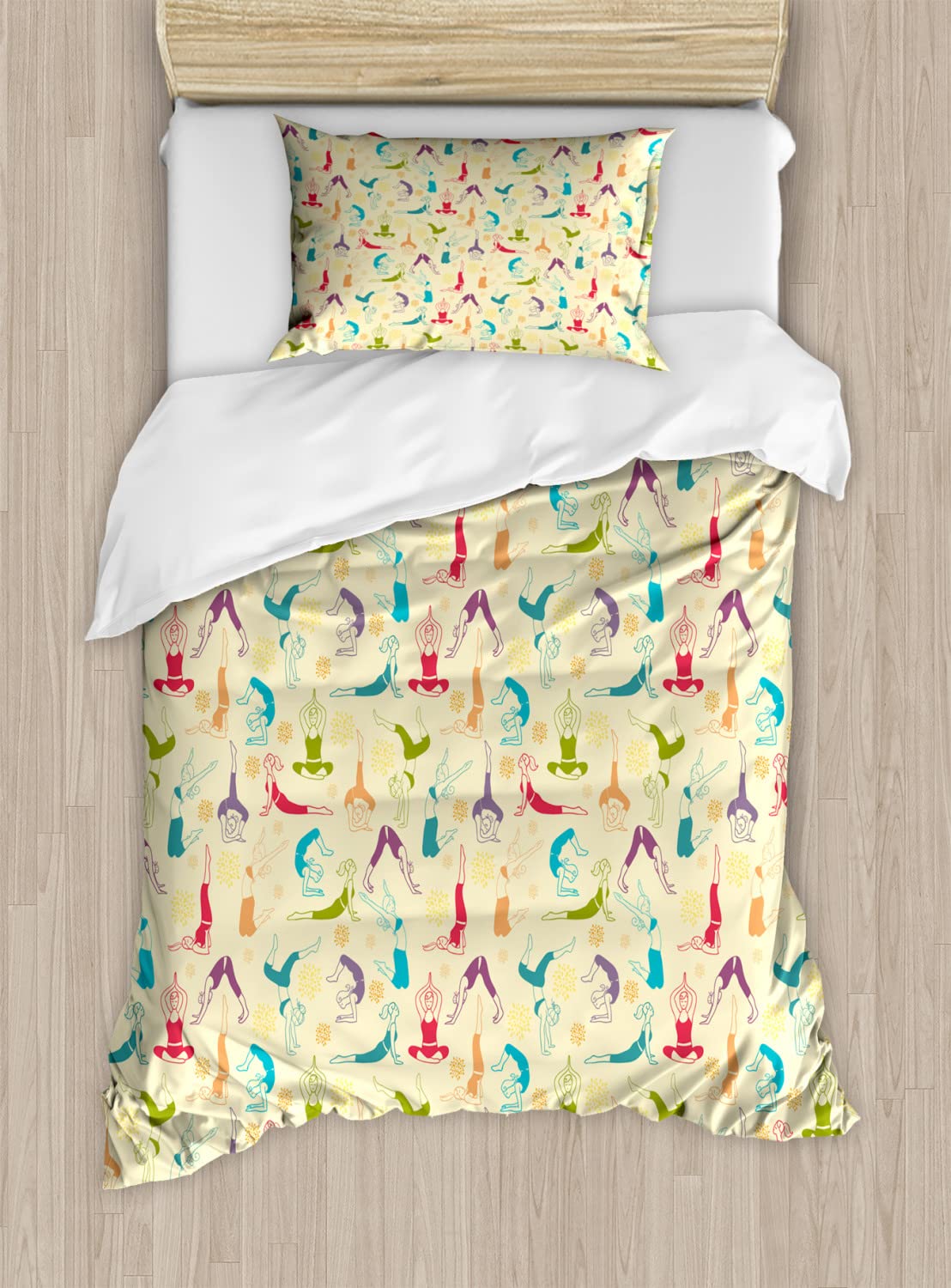 Ambesonne Yoga Duvet Cover Set - Workout Themed Fitness Design with Abstract Yoga Poses - 2 Pack King Size Bedding Set Includes 2 Duvet Covers & 4 Pillowcases - Perfect for Yoga Lovers, Gym Enthusiasts & Home Decor - Multicolor