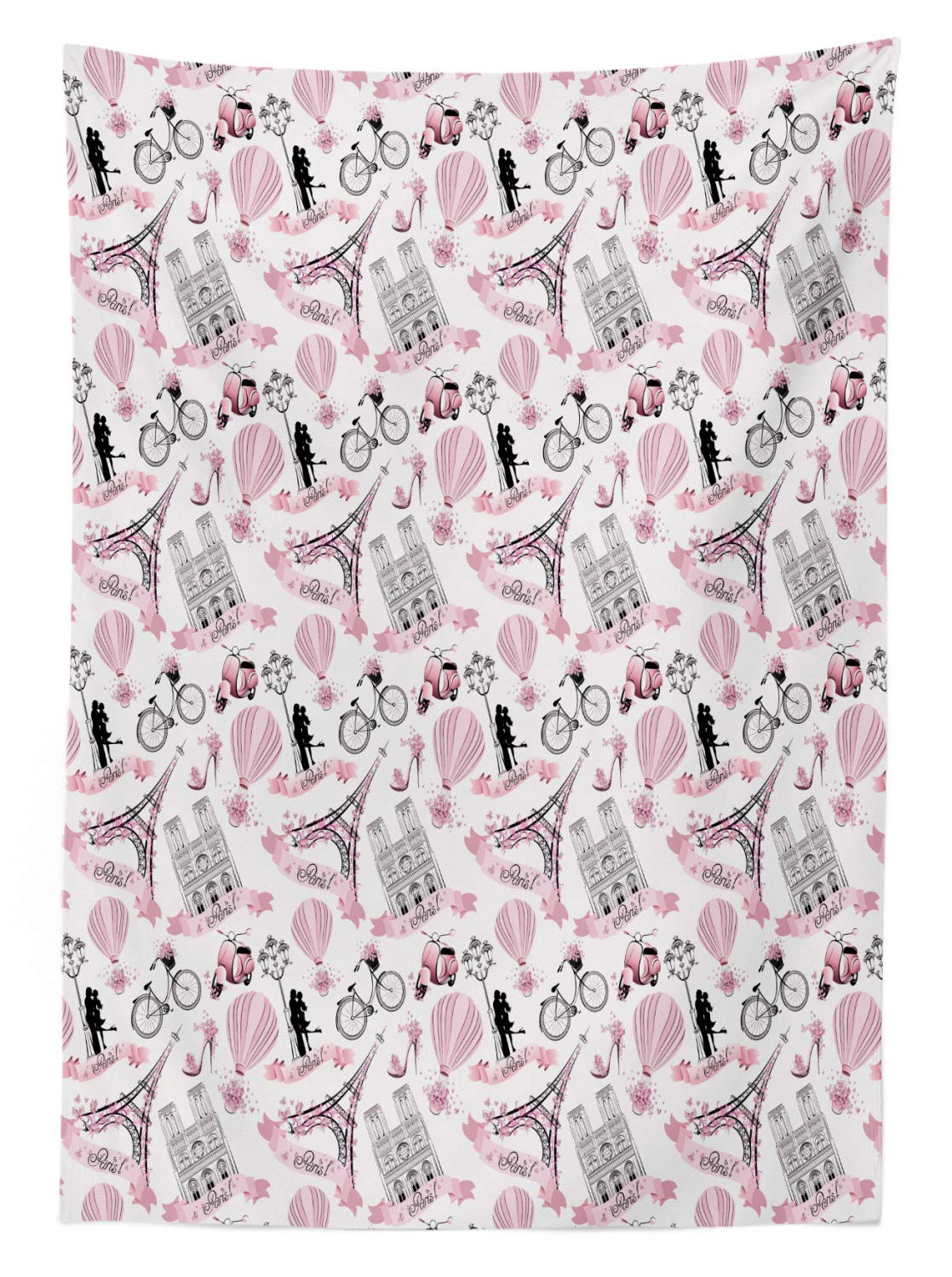 Ambesonne Paris Themed Outdoor Tablecloth - Romantic Eiffel Tower French Bridal Design with Pink Blossoms, Washable Picnic Table Cover 58