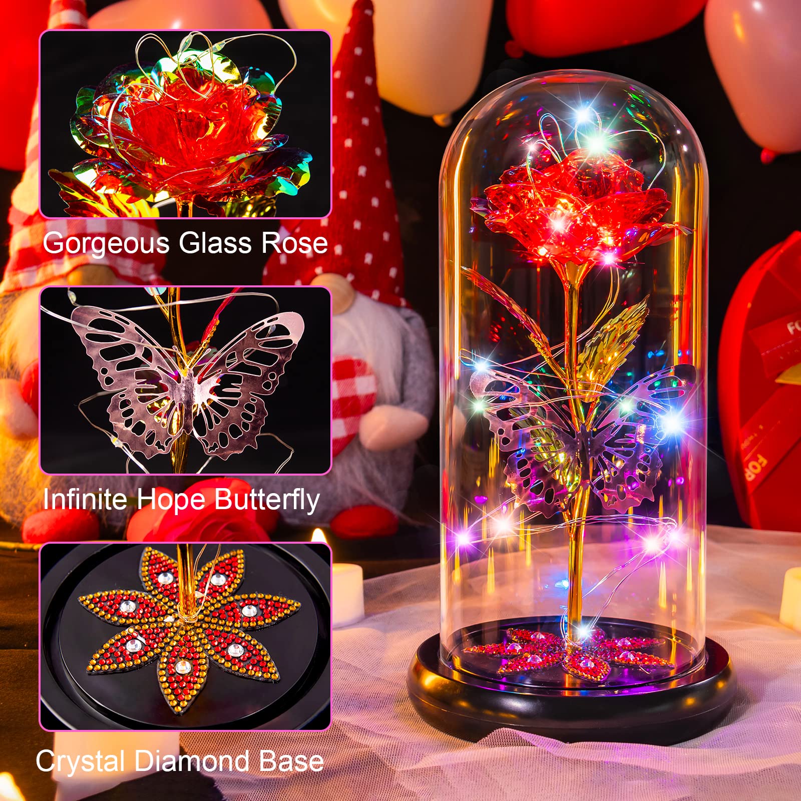 Eternal Crystal Rose in Glass Dome with Butterfly - Galaxy Glass Rose Flower Gift for Mom, Women, Wife, Grandma, Daughter - Mother's Day, Anniversary, Birthday Gift Idea - Romantic Home Decor & Night Light
