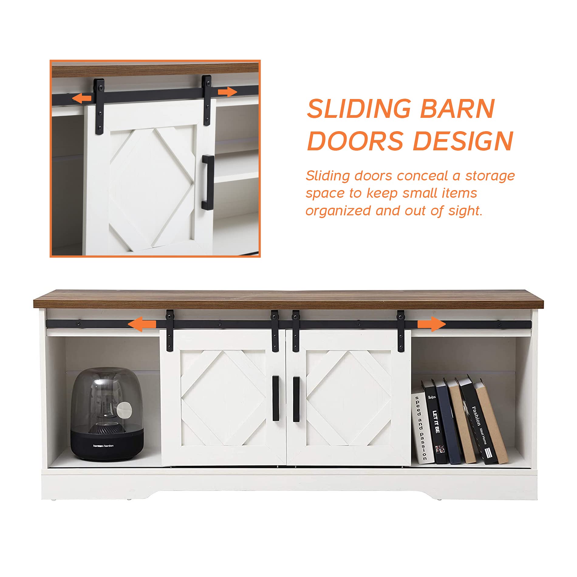 WAMPAT 65 Inch Farmhouse Sliding Barn Door TV Stand - Modern Wood Media Console with 3 Adjustable Shelves, Storage Cabinet for Living Room - White/Oak Finish - Perfect for Home Theater & Entertainment Setup