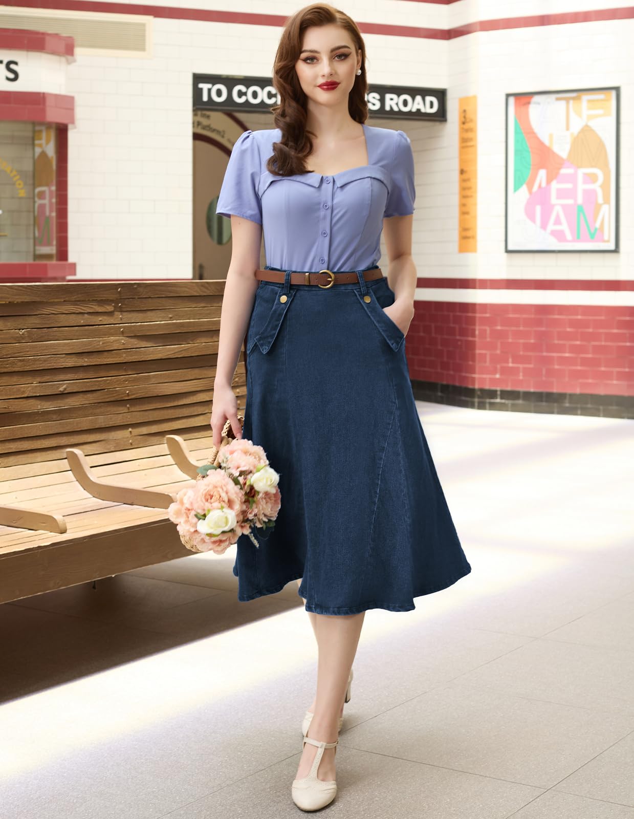 Belle Poque Women's Vintage High Waist Denim Skirt - Stretchy Elastic Waistband, A-Line Maxi Length with Pockets - Perfect for Casual Outfits, Date Nights & Boho Style