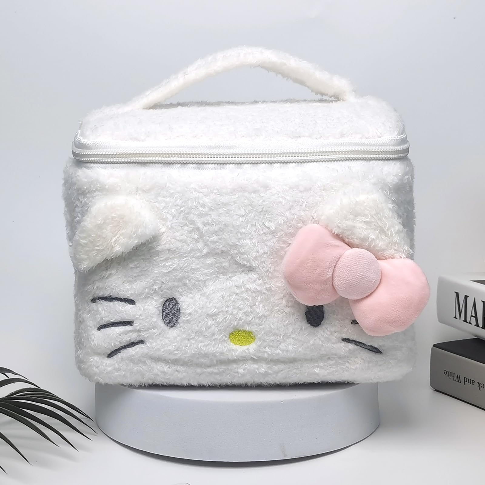 Emmace & Ames Women's Travel Makeup Bag - Soft Plush Cosmetic Organizer with Cartoon Design, Portable Storage Pouch for Toiletries & Accessories (White) - Perfect for Travel, Gym, and Everyday Use