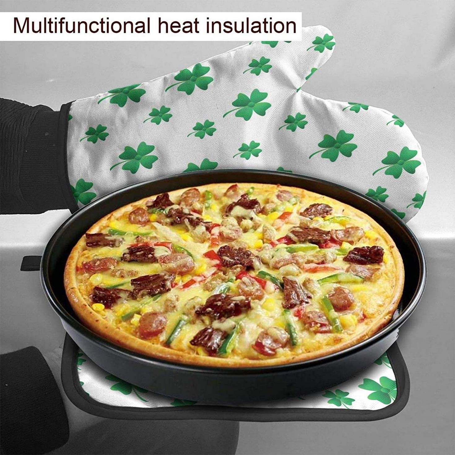 Four-Leaf Clover Oven Mitts - Heat Resistant Kitchen Gloves with Soft Cotton Lining & Non-Slip Surface for Cooking, Baking, Grilling - Perfect for Microwave, Oven & BBQ Use